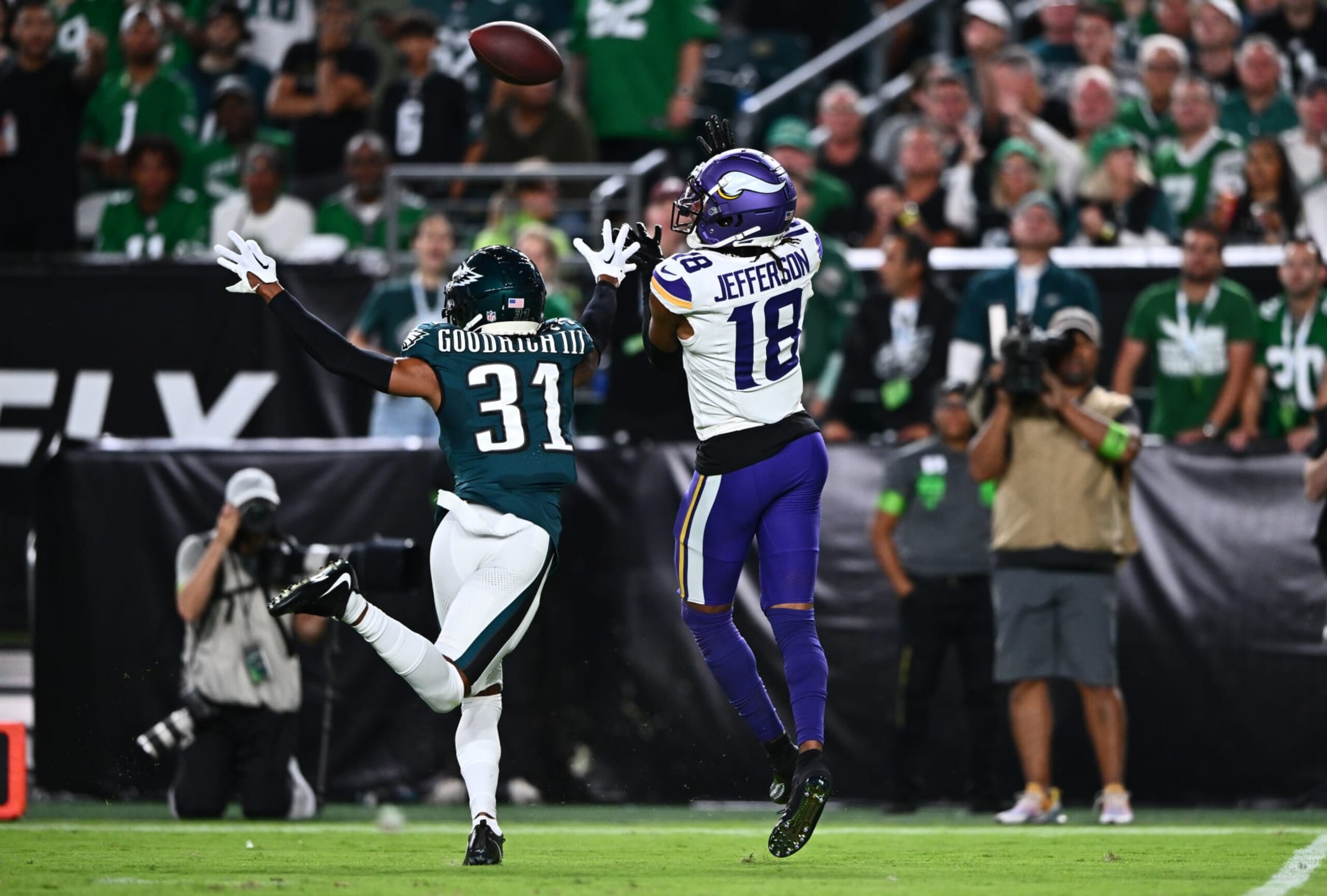 PHILADELPHIA, PA - SEPTEMBER 14: Minnesota Vikings Wide Receiver Justin Jefferson (18) makes a reception over Philadelphia Eagles Cornerback Mario Goodrich (31) in the first half during the game between the Minnesota Vikings and Philadelphia Eagles on September 14, 2023 at Lincoln Financial Field in Philadelphia, PA. (Photo by Kyle Ross/Icon Sportswire via Getty Images)