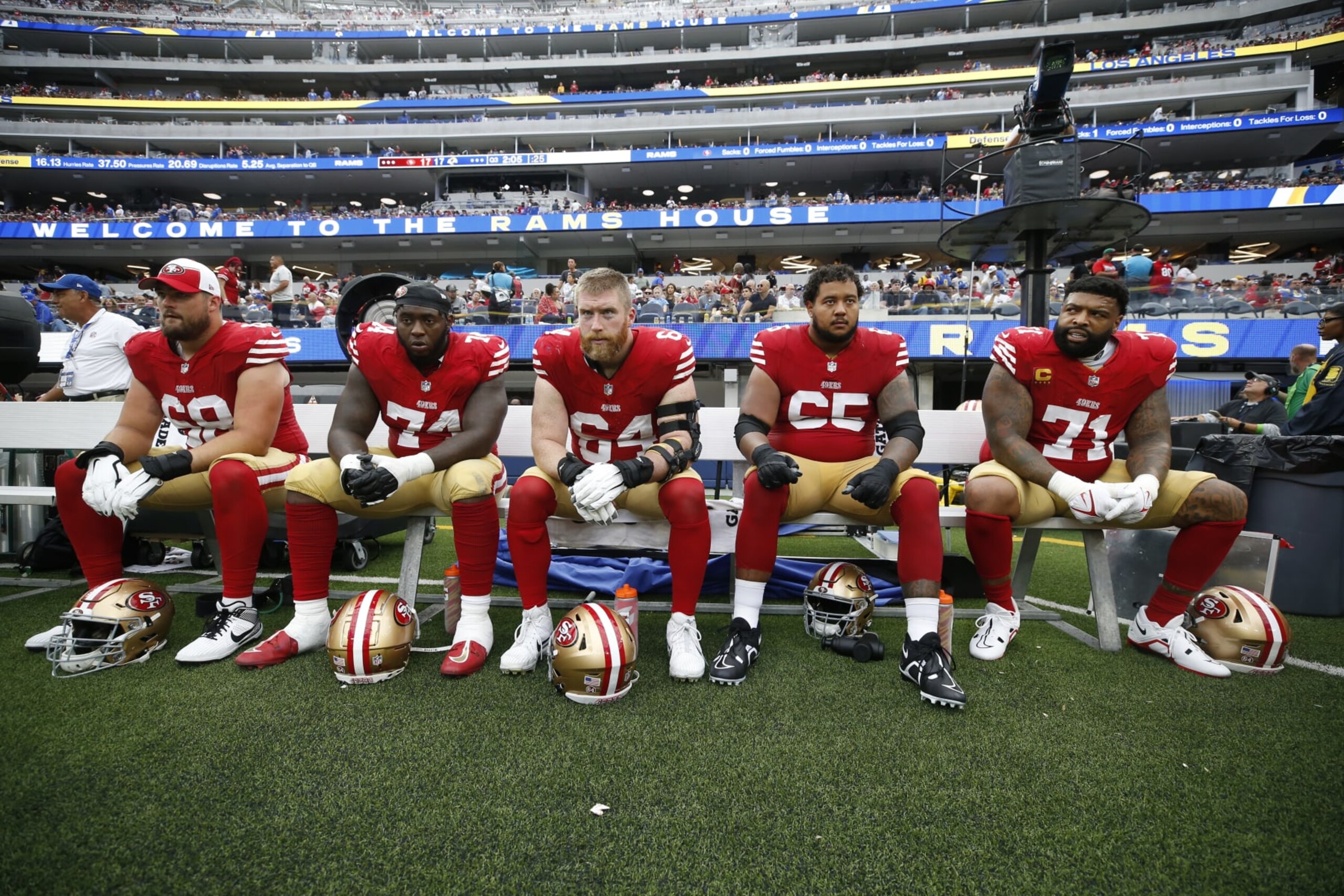 INGLEWOOD, CA - SEPTEMBER 17: Colton McKivitz #68, Spencer Burford #74, Jake Brendel #64, Aaron Banks #65 and Trent Williams #71 of the San Francisco 49ers on the sideline during the game against the Los Angeles Rams at SoFi Stadium on September 17, 2023 in Inglewood, California. The 49ers defeated the Rams 30-23. (Photo by Michael Zagaris/San Francisco 49ers/Getty Images)