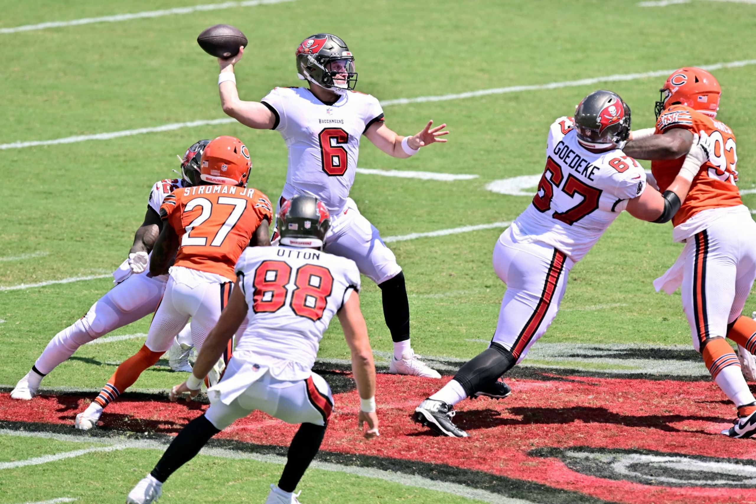 TAMPA, FLORIDA - SEPTEMBER 17: Baker Mayfield #6 of the Tampa Bay Buccaneers attempts a pass during the first quarter against the Chicago Bears at Raymond James Stadium on September 17, 2023 in Tampa, Florida. (Photo by Julio Aguilar/Getty Images)