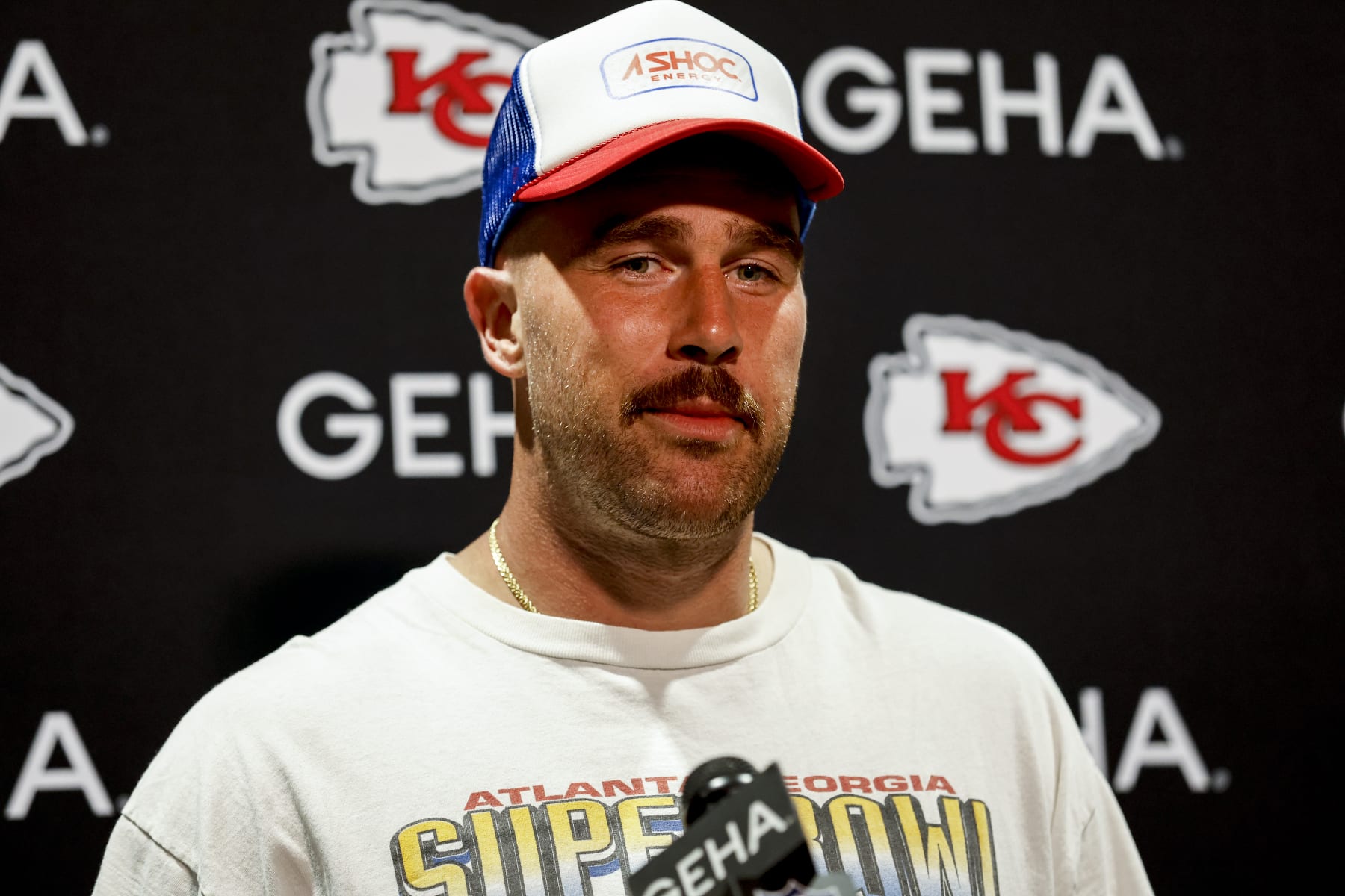 JACKSONVILLE, FL - SEPTEMBER 17: Tight End Travis Kelce #87 of the Kansas City Chiefs talks with the media after the game against the Jacksonville Jaguars at Ever Bank Stadium on September 17, 2023 in Jacksonville, Florida. The Chiefs defeated the Jaguars 17 to 9.(Photo by Don Juan Moore/Getty Images)
