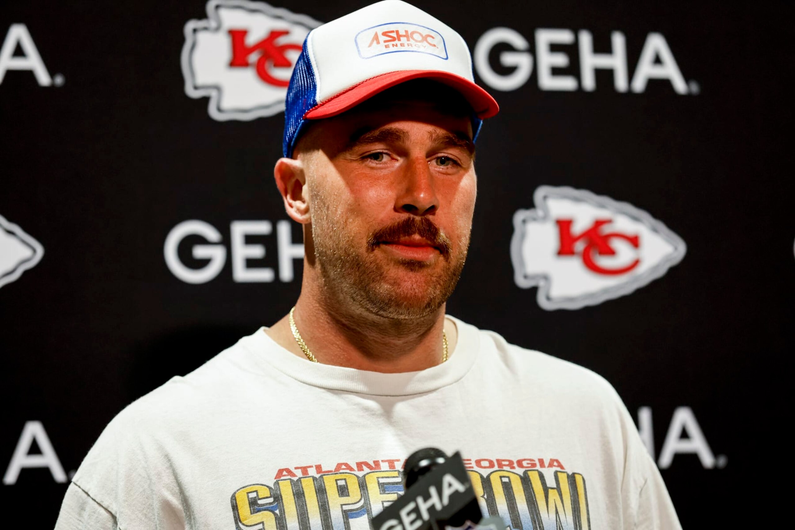 JACKSONVILLE, FL - SEPTEMBER 17: Tight End Travis Kelce #87 of the Kansas City Chiefs talks with the media after the game against the Jacksonville Jaguars at Ever Bank Stadium on September 17, 2023 in Jacksonville, Florida. The Chiefs defeated the Jaguars 17 to 9.(Photo by Don Juan Moore/Getty Images)