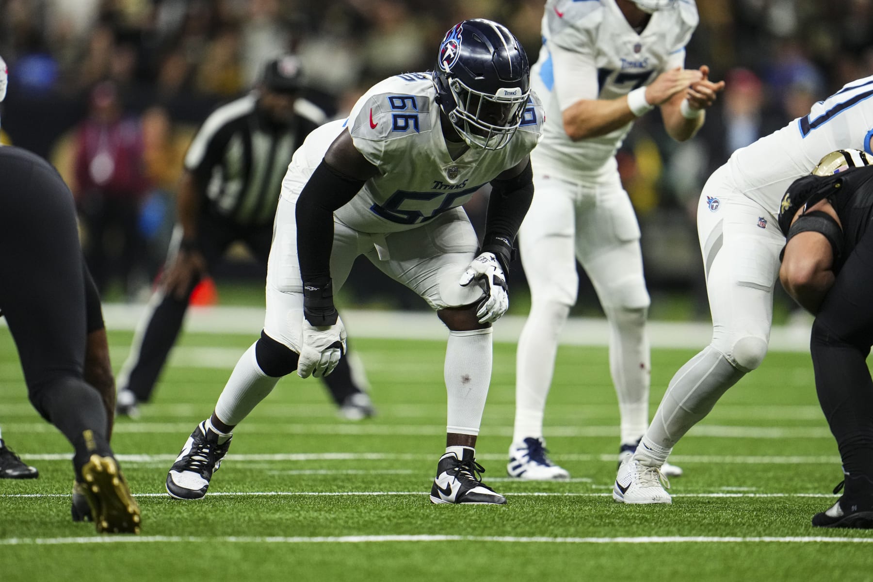 NEW ORLEANS, LA - SEPTEMBER 10: Chris Hubbard #66 of the Tennessee Titans lines up at Caesars Superdome on September 10, 2023 in New Orleans, Louisiana. (Photo by Cooper Neill/Getty Images) NEW ORLEANS, LA - SEPTEMBER 10: Chris Hubbard #66 of the Tennessee Titans lines up at Caesars Superdome on September 10, 2023 in New Orleans, Louisiana. (Photo by Cooper Neill/Getty Images)