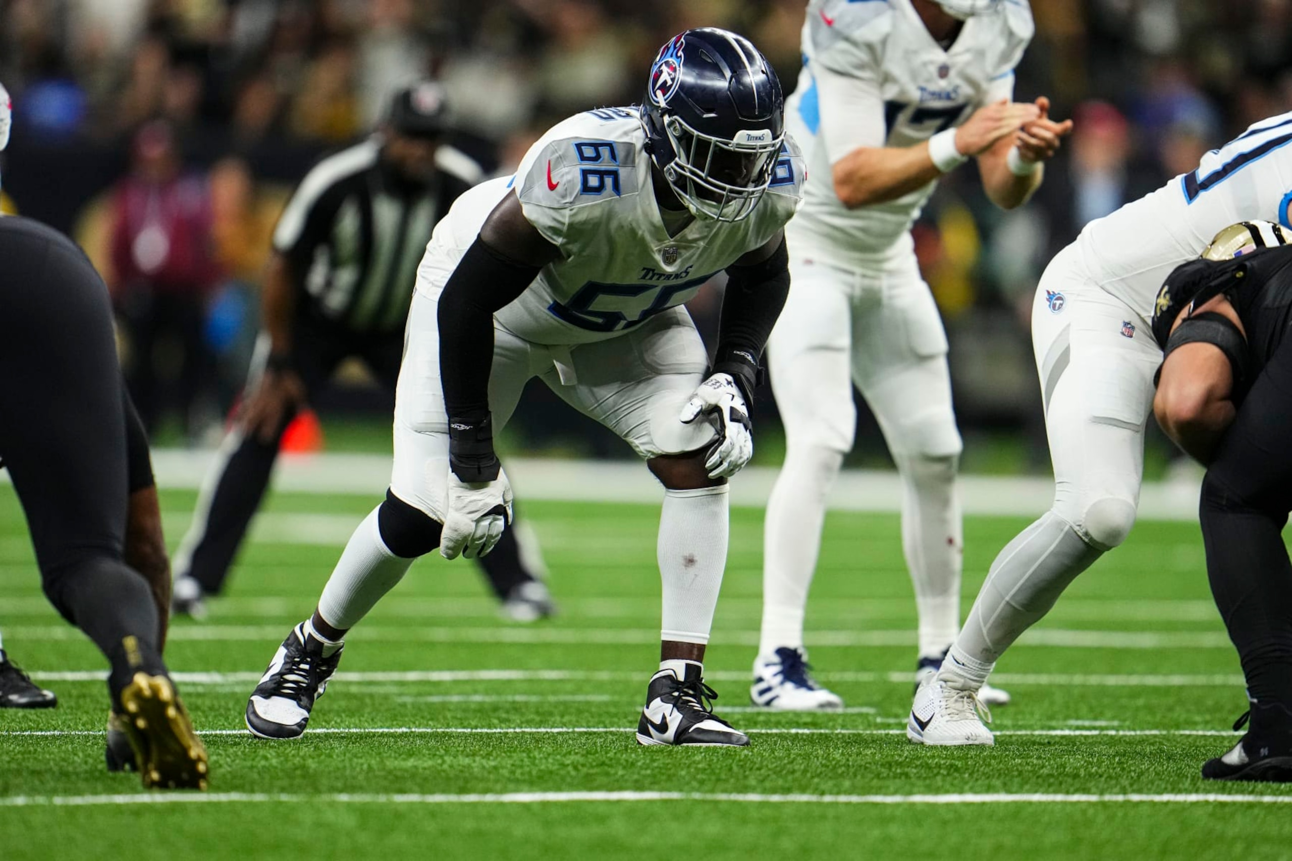 NEW ORLEANS, LA - SEPTEMBER 10: Chris Hubbard #66 of the Tennessee Titans lines up  at Caesars Superdome on September 10, 2023 in New Orleans, Louisiana. (Photo by Cooper Neill/Getty Images)