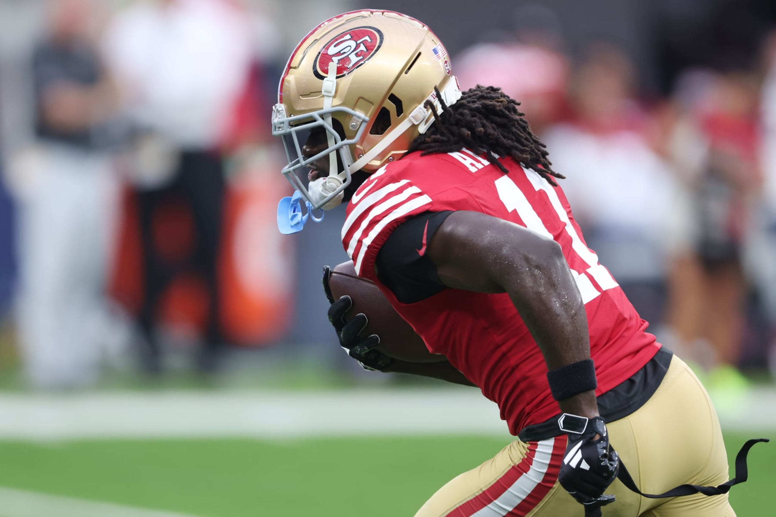 INGLEWOOD, CALIFORNIA - SEPTEMBER 17: Brandon Aiyuk #11 of the San Francisco 49ers warms up before the game against the Los Angeles Rams at SoFi Stadium on September 17, 2023 in Inglewood, California. (Photo by Sean M. Haffey/Getty Images)