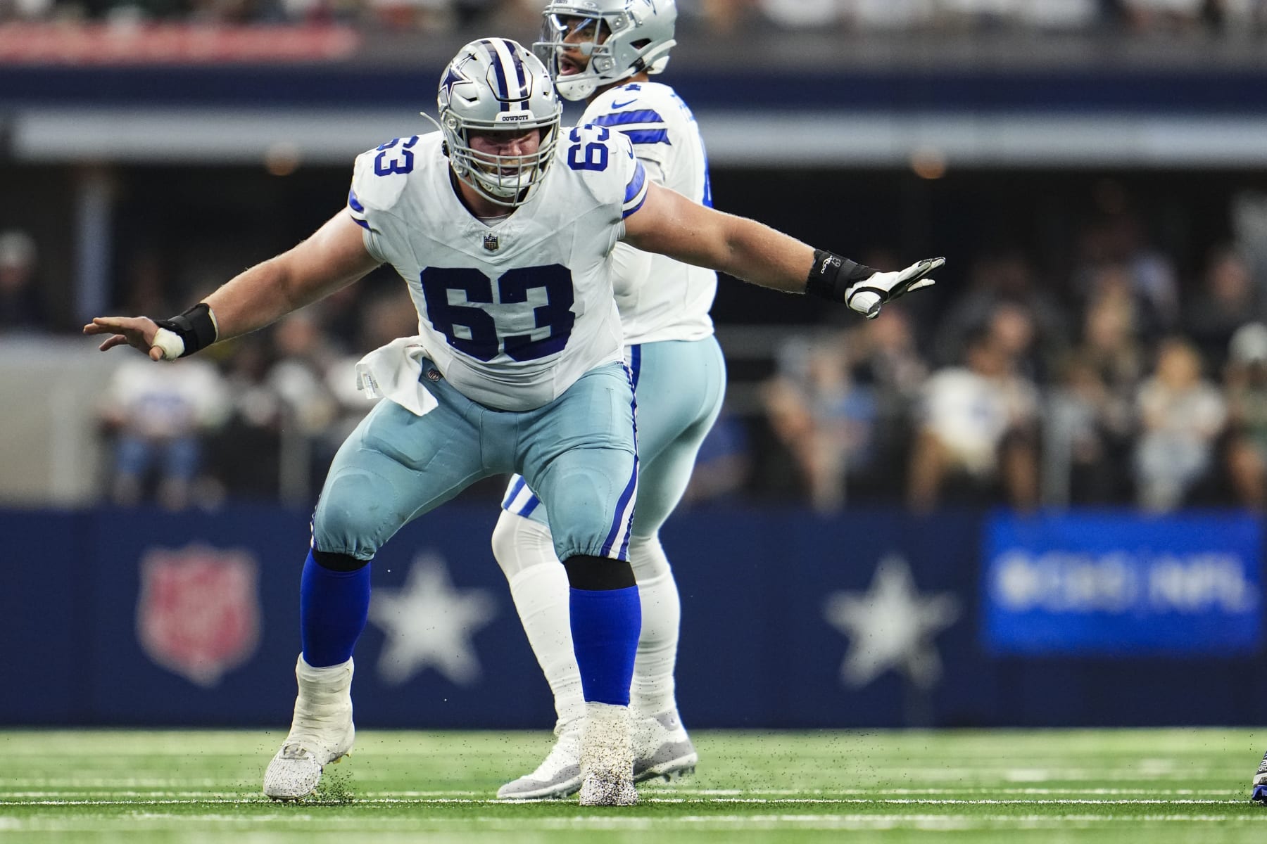 ARLINGTON, TX - SEPTEMBER 17: Tyler Biadasz #63 of the Dallas Cowboys defends during a football game at AT&T Stadium on September 17, 2023 in Arlington, Texas. (Photo by Cooper Neill/Getty Images)