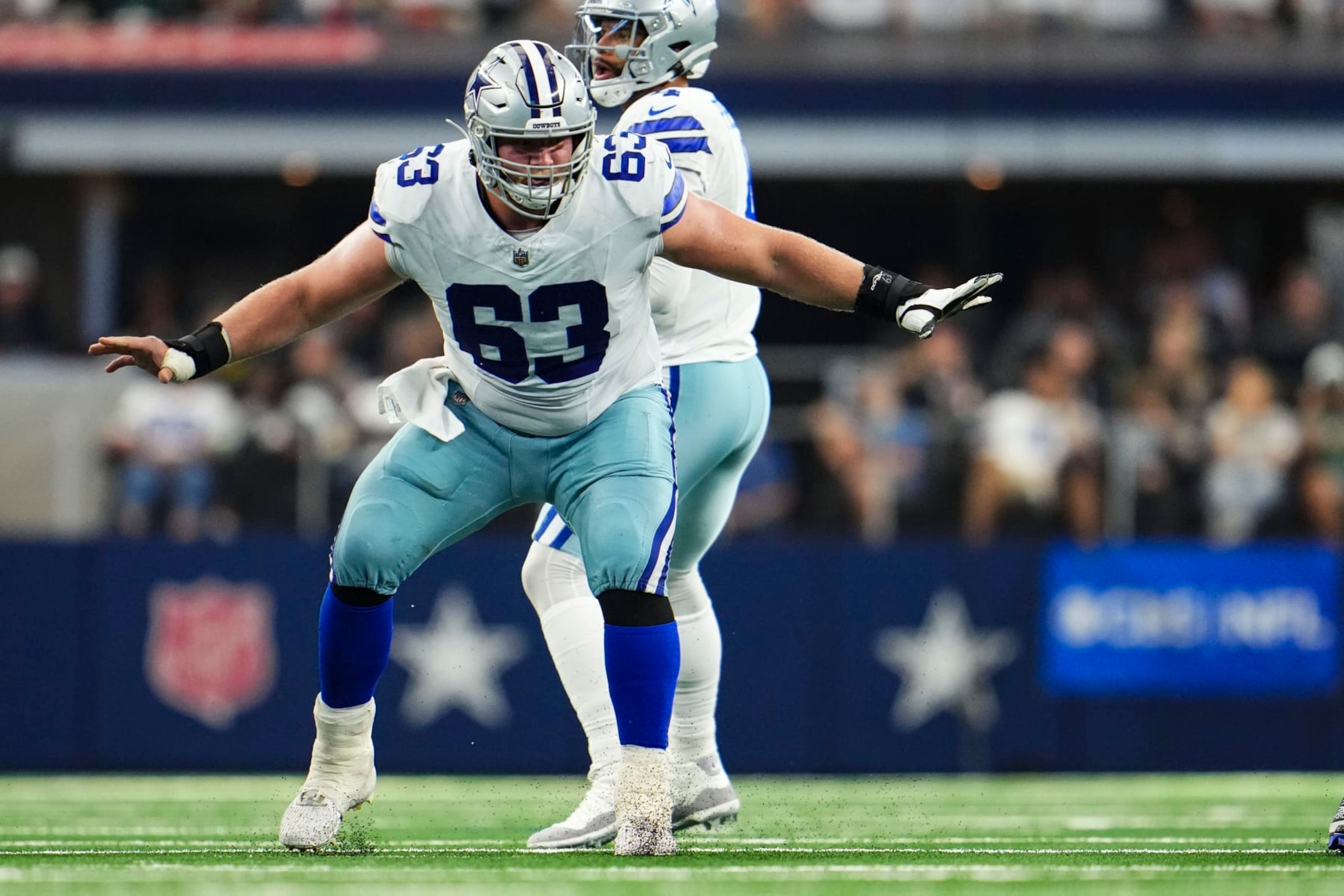 ARLINGTON, TX - SEPTEMBER 17: Tyler Biadasz #63 of the Dallas Cowboys defends during a football game at AT&T Stadium on September 17, 2023 in Arlington, Texas. (Photo by Cooper Neill/Getty Images)