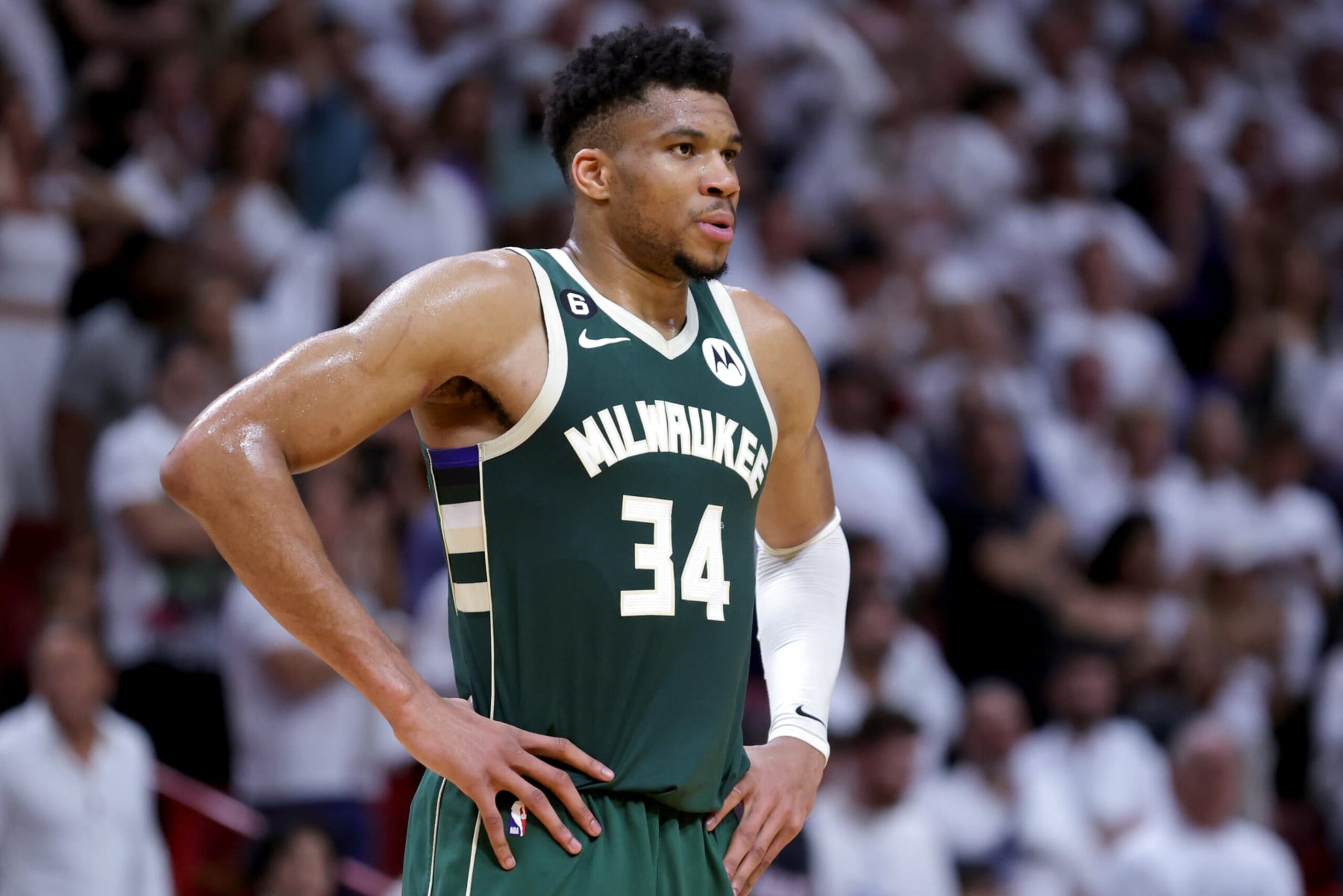 MIAMI, FLORIDA - APRIL 24: Giannis Antetokounmpo #34 of the Milwaukee Bucks looks on against the Miami Heat during the fourth quarter in Game Four of the Eastern Conference First Round Playoffs at Kaseya Center on April 24, 2023 in Miami, Florida. NOTE TO USER: User expressly acknowledges and agrees that, by downloading and or using this photograph, User is consenting to the terms and conditions of the Getty Images License Agreement. (Photo by Megan Briggs/Getty Images)