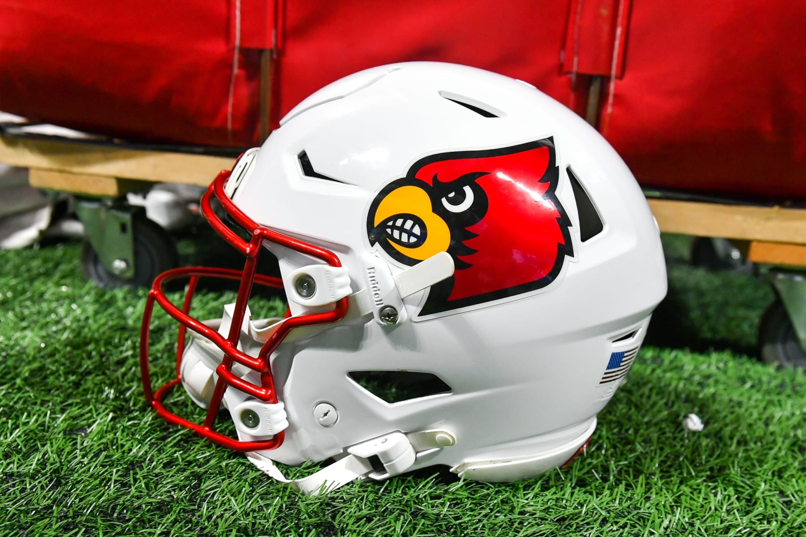 ATLANTA, GA  SEPTEMBER 01:   A Louisville football helmet during the Aflac Kickoff Game between the Louisville Cardinals and the Georgia Tech Yellow Jackets on September 1st, 2023 at Mercedes-Benz Stadium in Atlanta, GA.  (Photo by Rich von Biberstein/Icon Sportswire via Getty Images)