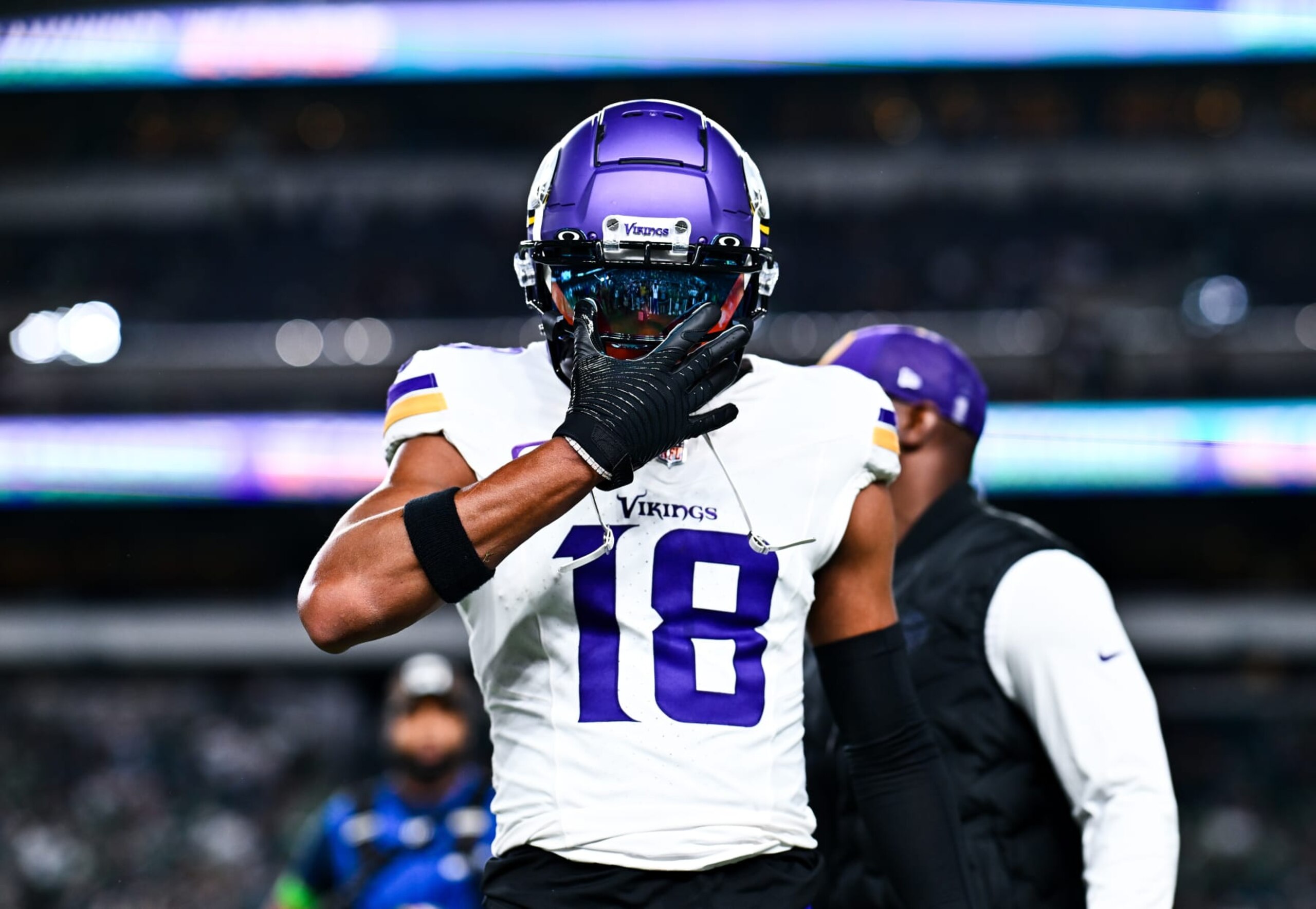 PHILADELPHIA, PA - SEPTEMBER 14: Minnesota Vikings Wide Receiver Justin Jefferson (18) gestures before the game between the Minnesota Vikings and Philadelphia Eagles on September 14, 2023 at Lincoln Financial Field in Philadelphia, PA. (Photo by Kyle Ross/Icon Sportswire via Getty Images)