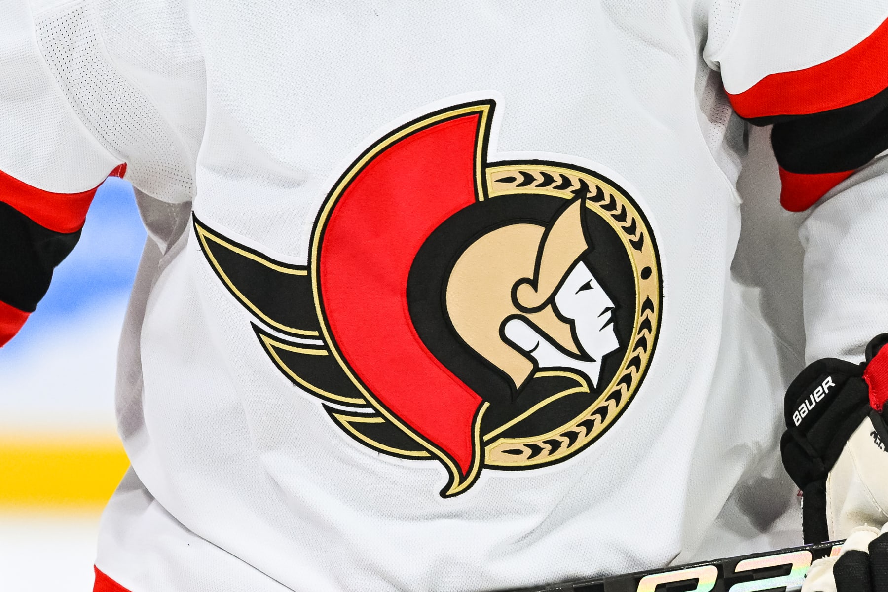 MONTREAL, QC - FEBRUARY 25: View of a Ottawa Senators logo on a jersey worn by a member of the team at warm-up before the Ottawa Senators versus the Montreal Canadiens game on February 25, 2023, at Bell Centre in Montreal, QC (Photo by David Kirouac/Icon Sportswire via Getty Images)