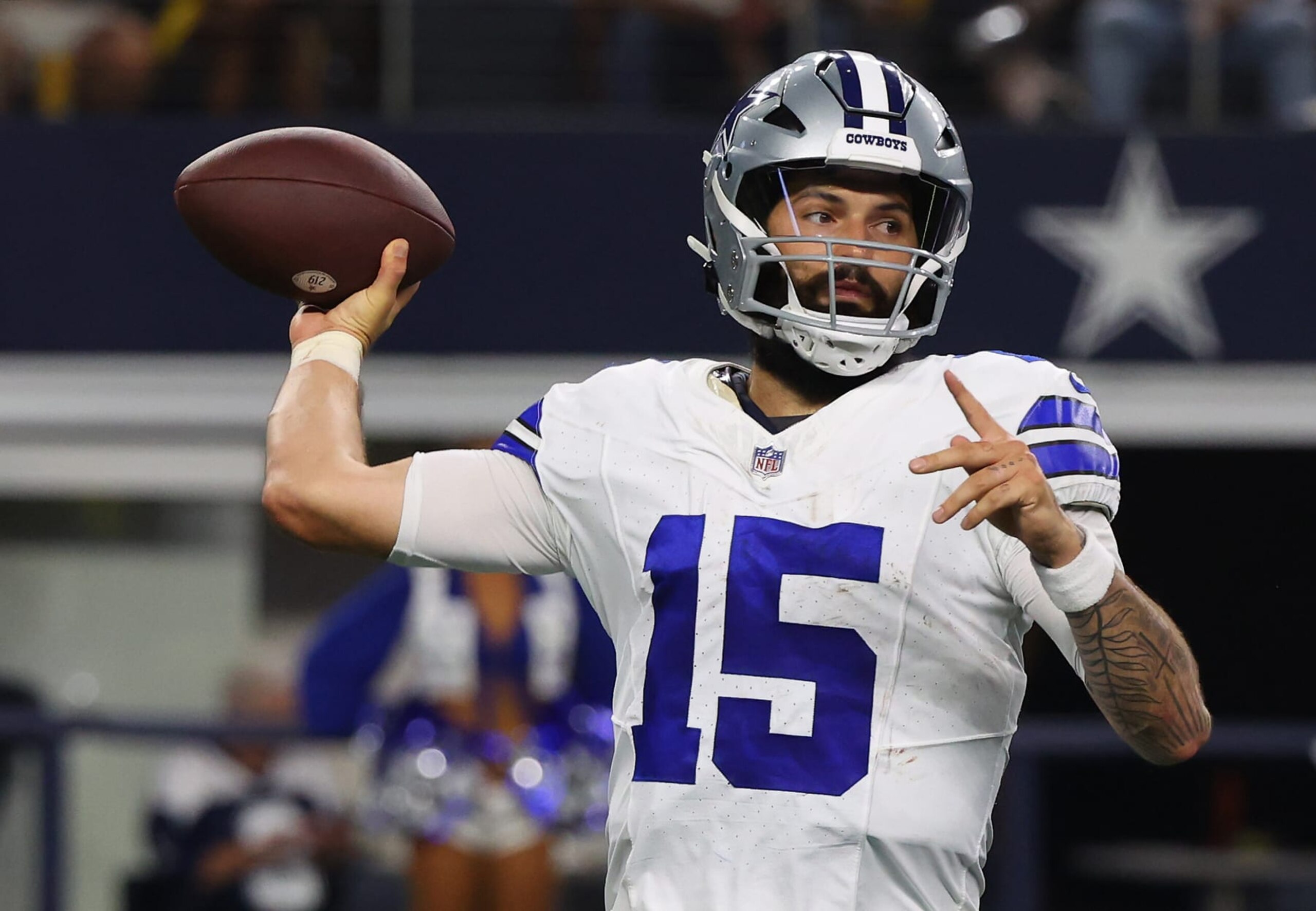 ARLINGTON, TEXAS - AUGUST 26: Will Grier #15 of the Dallas Cowboys passes the ball in the second half against the Las Vegas Raiders in a preseason game at AT&T Stadium on August 26, 2023 in Arlington, Texas. (Photo by Richard Rodriguez/Getty Images) ARLINGTON, TEXAS - AUGUST 26: Will Grier #15 of the Dallas Cowboys passes the ball in the second half against the Las Vegas Raiders in a preseason game at AT&T Stadium on August 26, 2023 in Arlington, Texas. (Photo by Richard Rodriguez/Getty Images)