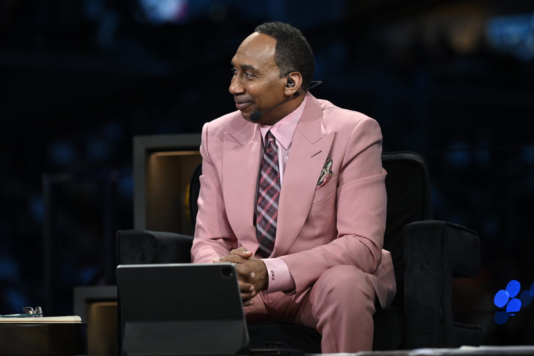 BROOKLYN, NY - JUNE 22: Stephen A. Smith looks on during the 2023 NBA Draft on June 22, 2023 at Barclays Center in Brooklyn, New York. NOTE TO USER: User expressly acknowledges and agrees that, by downloading and or using this photograph, User is consenting to the terms and conditions of the Getty Images License Agreement. Mandatory Copyright Notice: Copyright 2023 NBAE (Photo by Kostas Lymperopoulos/NBAE via Getty Images)