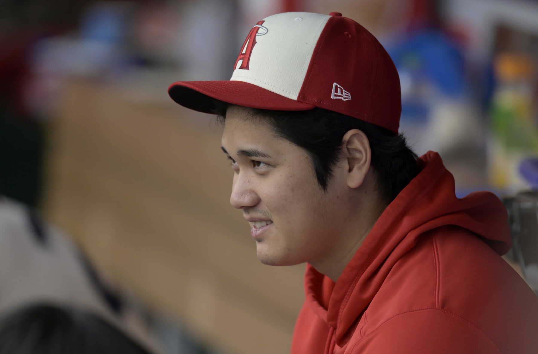 ANAHEIM, CALIFORNIA - SEPTEMBER 17: Shohei Ohtani #17 of the Los Angeles Angels in the dugout while playing the Detroit Tigers  at Angel Stadium of Anaheim on September 17, 2023 in Anaheim, California. (Photo by John McCoy/Getty Images)