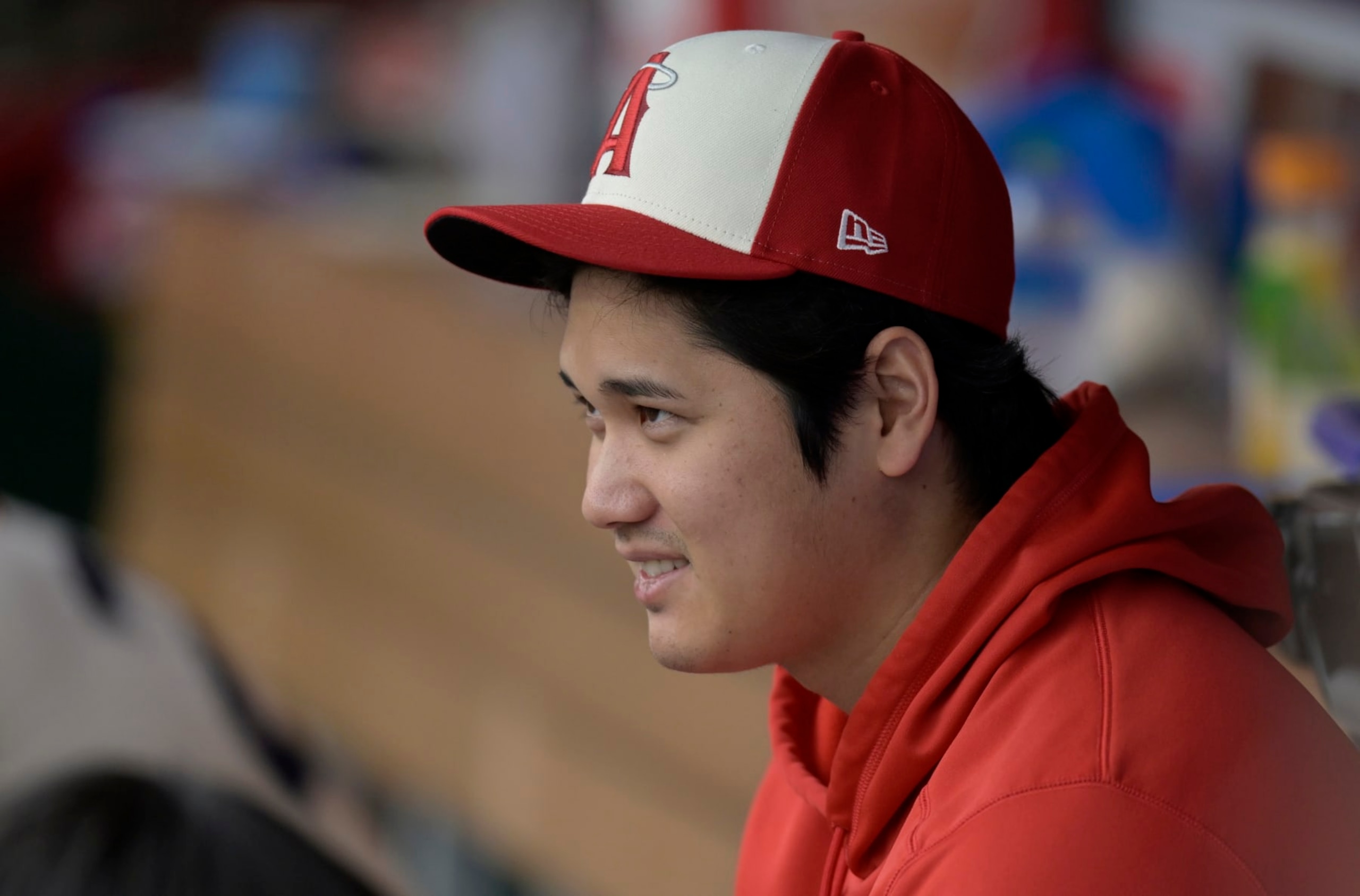 ANAHEIM, CALIFORNIA - SEPTEMBER 17: Shohei Ohtani #17 of the Los Angeles Angels in the dugout while playing the Detroit Tigers  at Angel Stadium of Anaheim on September 17, 2023 in Anaheim, California. (Photo by John McCoy/Getty Images)