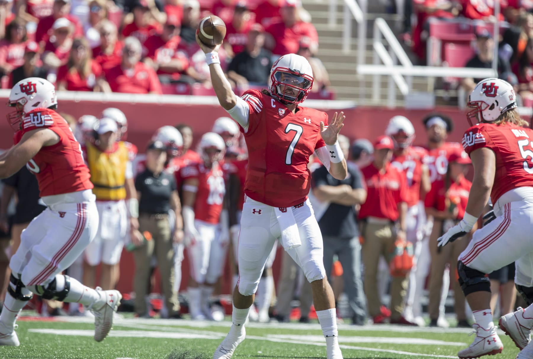 SALT LAKE CITY, UT -  SEPTEMBER 25 : Cam Rising #7  of the Utah Utes throws a pass against the Washington State Cougars during their game September 25, 2021 at Rice Eccles Stadium in Salt Lake City, Utah. (Photo by Chris Gardner/Getty Images)