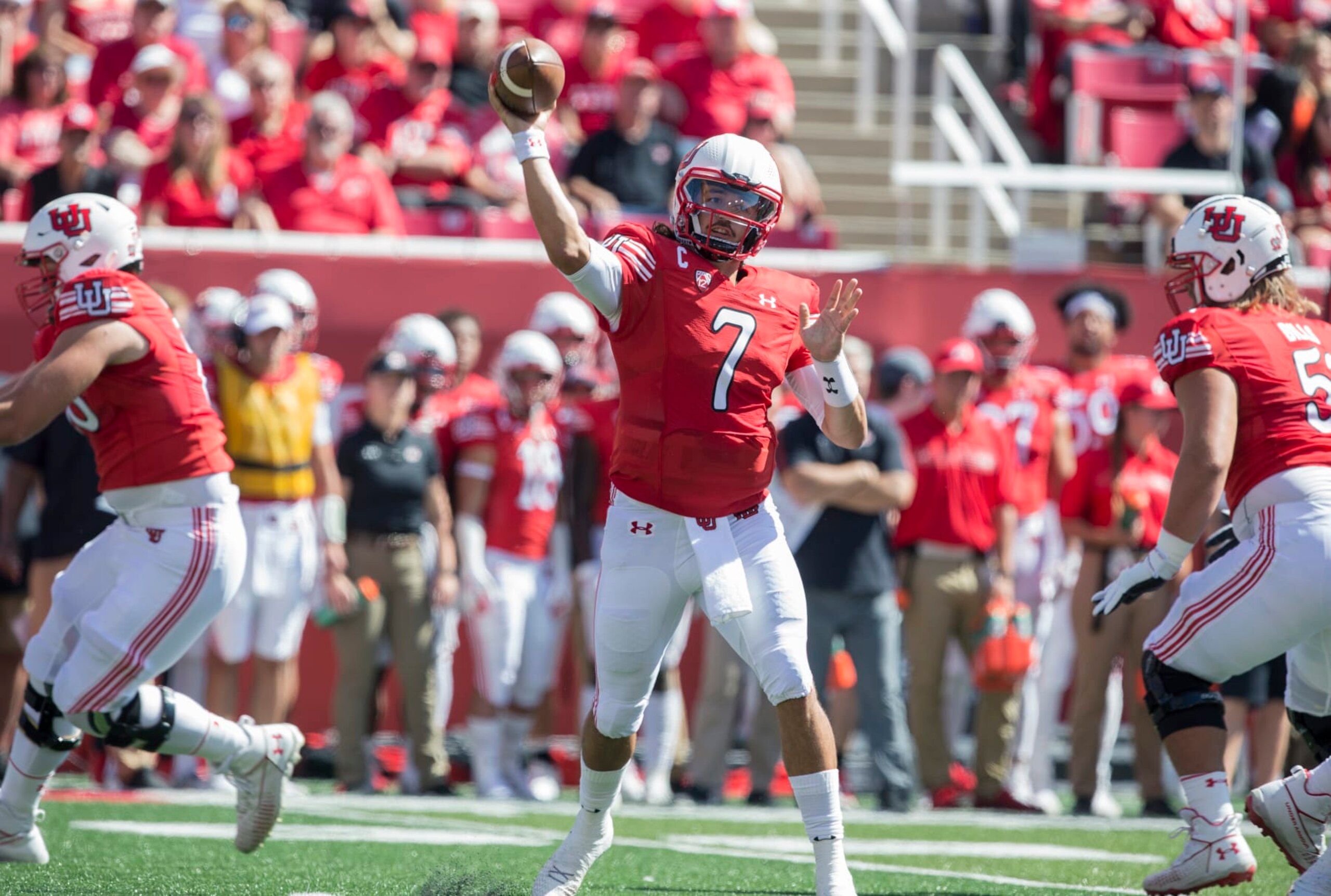 SALT LAKE CITY, UT -  SEPTEMBER 25 : Cam Rising #7  of the Utah Utes throws a pass against the Washington State Cougars during their game September 25, 2021 at Rice Eccles Stadium in Salt Lake City, Utah. (Photo by Chris Gardner/Getty Images)