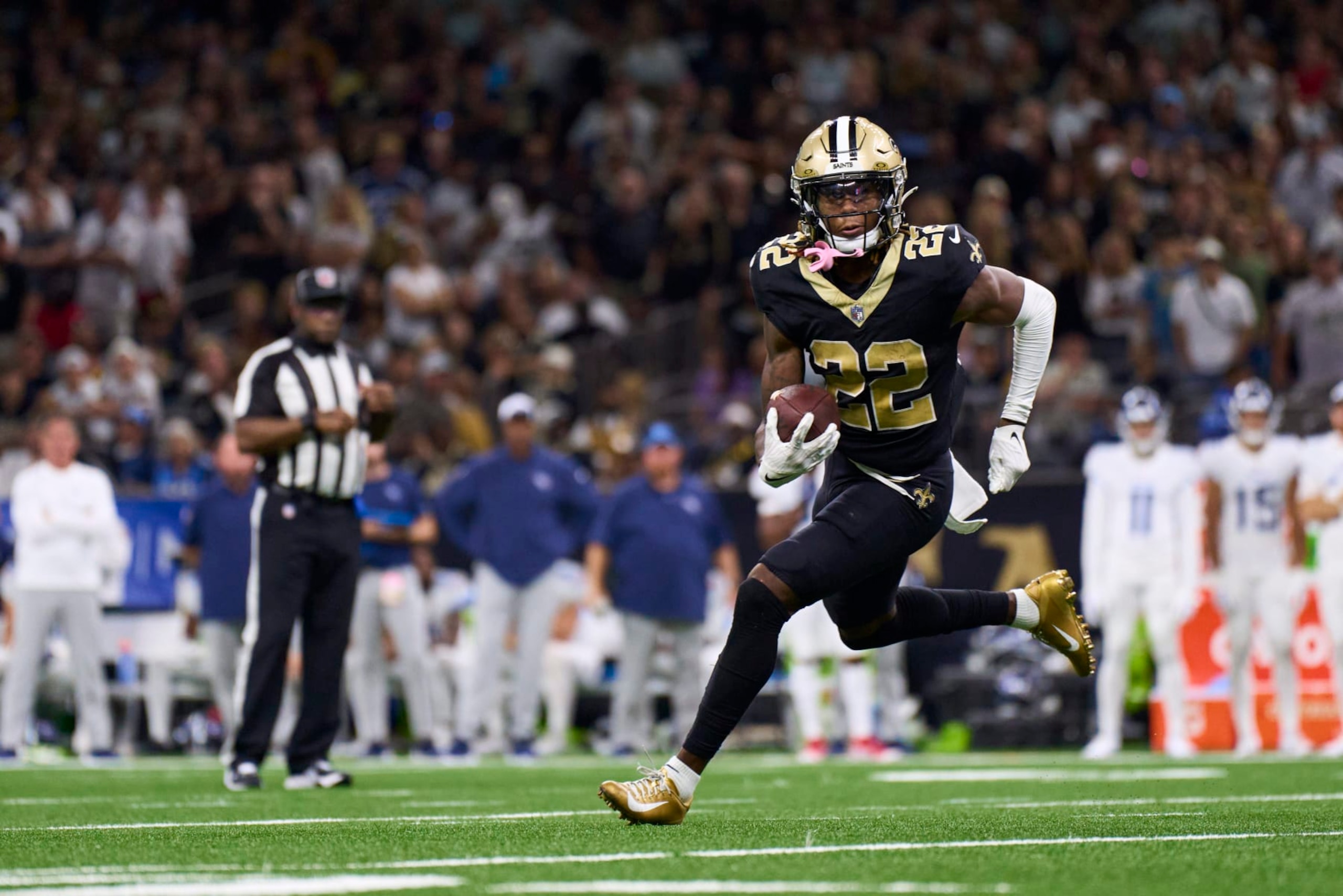 NEW ORLEANS, LA - SEPTEMBER 10: Rashid Shaheed #22 of the New Orleans Saints carries the ball against the Tennessee Titans during the second half at Caesars Superdome on September 10, 2023 in New Orleans, Louisiana. (Photo by Cooper Neill/Getty Images)