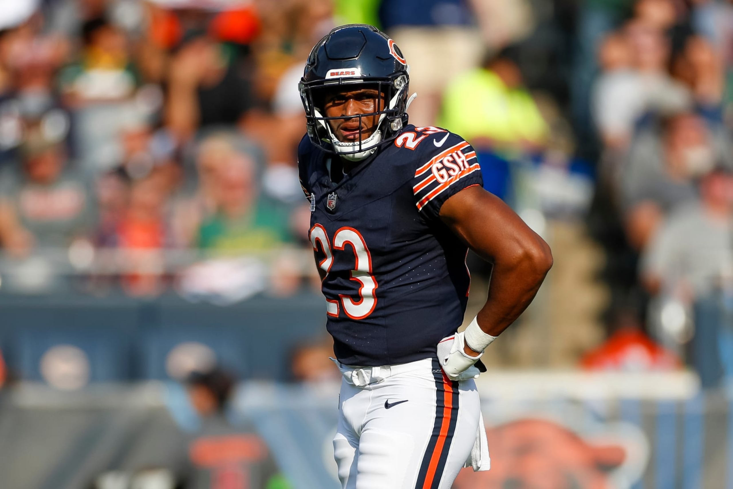 CHICAGO, IL - SEPTEMBER 10: Chicago Bears running back Roschon Johnson (23) hands on hips in the first half during a regular season game between the Green Bay Packers and the Chicago Bears on September, 10, 2023, at Soldier Field in Chicago, IL. (Photo by Brandon Sloter/Icon Sportswire via Getty Images)
