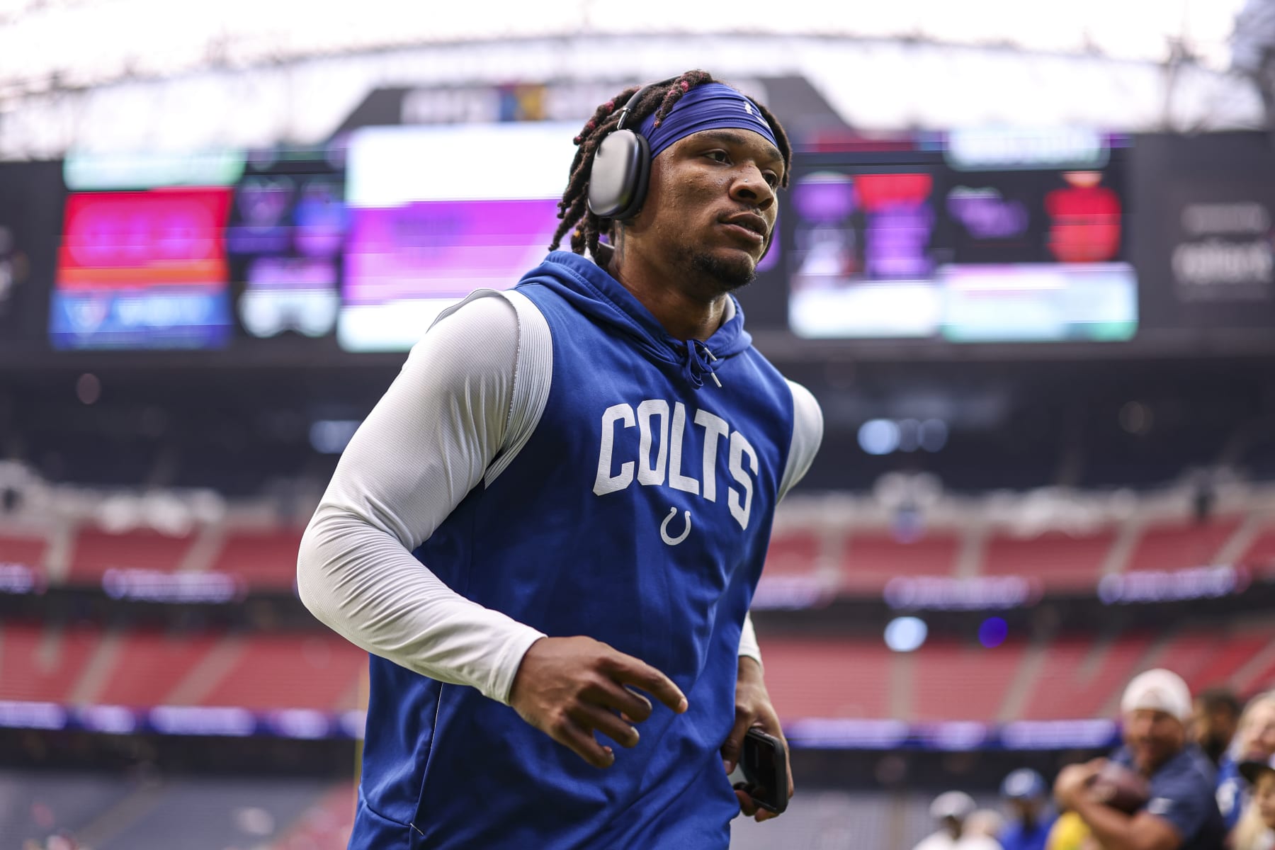 HOUSTON, TX - SEPTEMBER 17: Anthony Richardson #5 of the Indianapolis Colts warms up prior to a game against the Houston Texans at NRG Stadium on September 17, 2023 in Houston, Texas. (Photo by Perry Knotts/Getty Images)