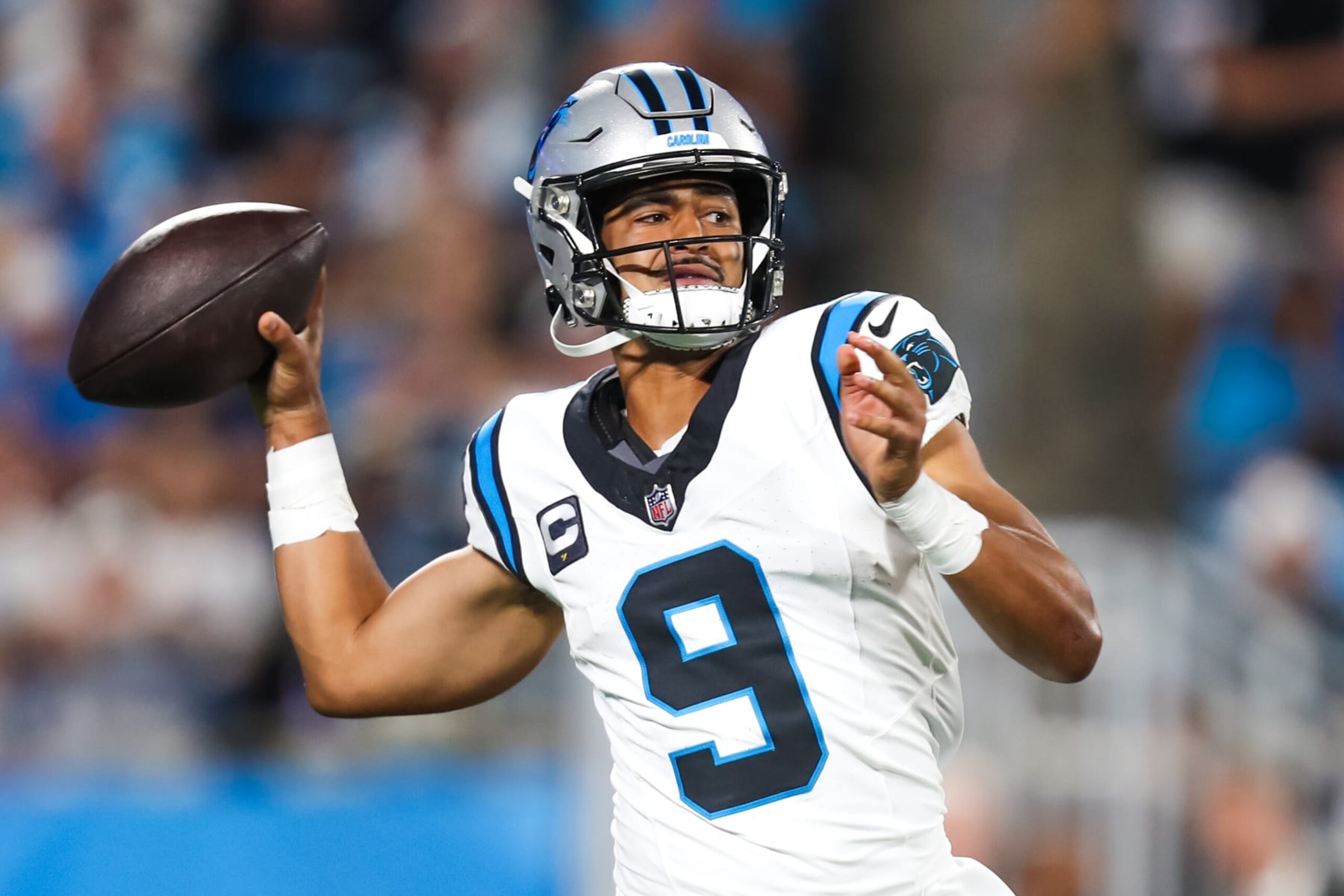 CHARLOTTE, NC - SEPTEMBER 18: Bryce Young #9 of the Carolina Panthers looks to pass the ball during a football game against the New Orleans Saints at Bank of America Stadium in Charlotte, North Carolina on Sep 18, 2023.  (Photo by David Jensen/Icon Sportswire via Getty Images)