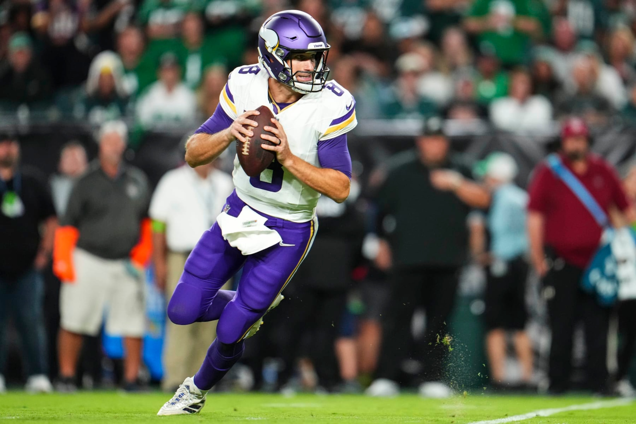 PHILADELPHIA, PA - SEPTEMBER 14: Kirk Cousins #8 of the Minnesota Vikings scrambles out of the pocket during at Lincoln Financial Field on September 14, 2023 in Philadelphia, Pennsylvania. (Photo by Cooper Neill/Getty Images)