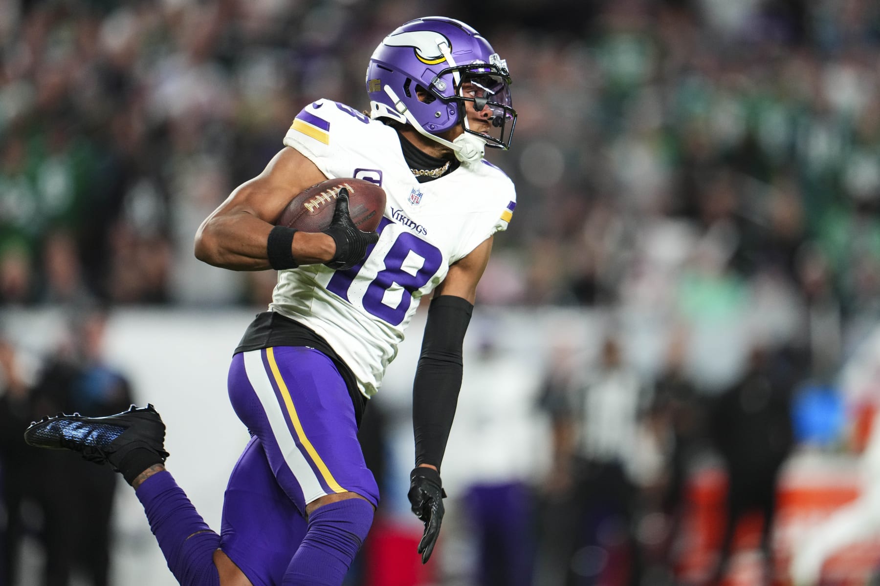 PHILADELPHIA, PA - SEPTEMBER 14: Justin Jefferson #18 of the Minnesota Vikings runs the ball during at Lincoln Financial Field on September 14, 2023 in Philadelphia, Pennsylvania. (Photo by Cooper Neill/Getty Images) PHILADELPHIA, PA - SEPTEMBER 14: Justin Jefferson #18 of the Minnesota Vikings runs the ball during at Lincoln Financial Field on September 14, 2023 in Philadelphia, Pennsylvania. (Photo by Cooper Neill/Getty Images)
