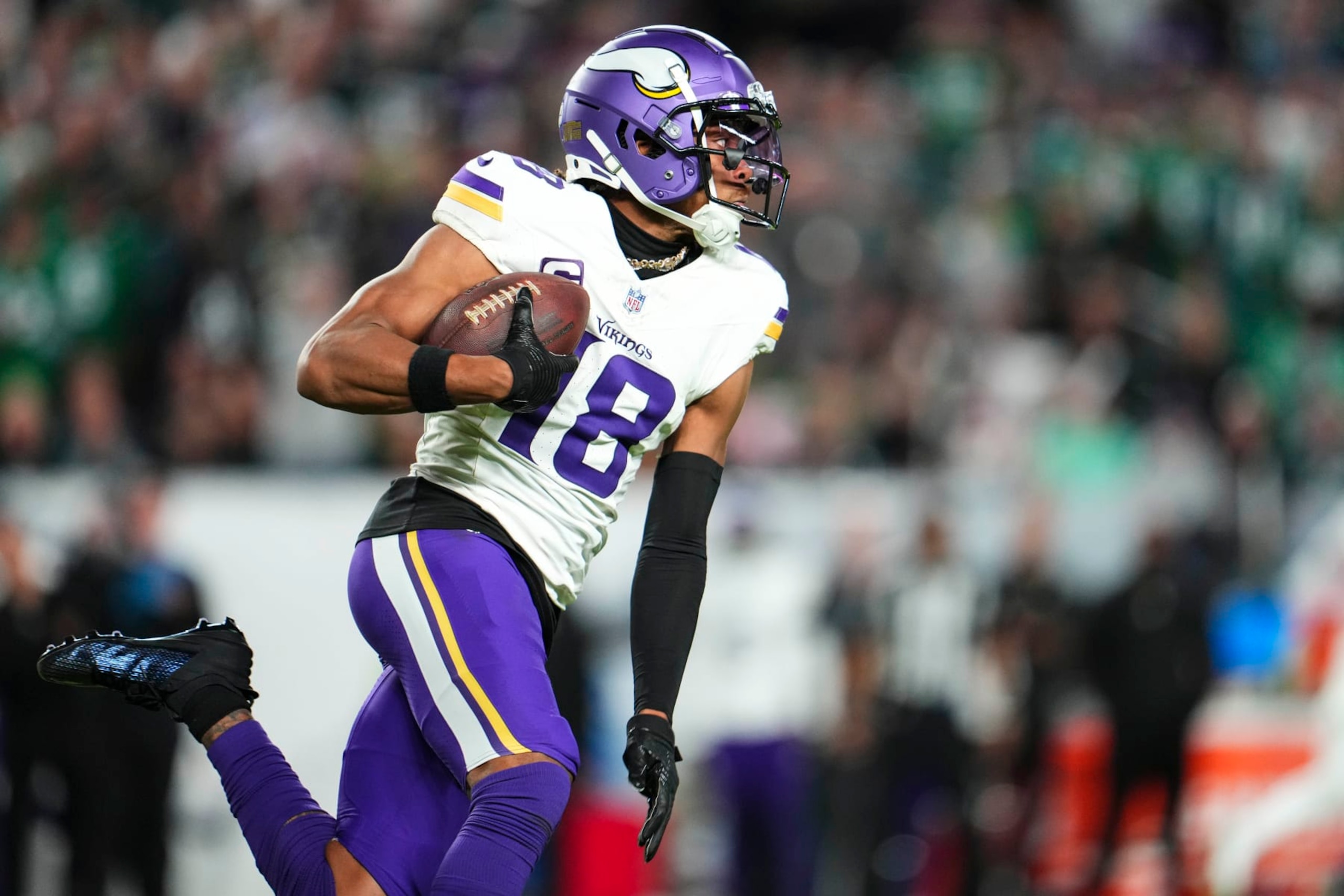 PHILADELPHIA, PA - SEPTEMBER 14: Justin Jefferson #18 of the Minnesota Vikings runs the ball during at Lincoln Financial Field on September 14, 2023 in Philadelphia, Pennsylvania. (Photo by Cooper Neill/Getty Images)