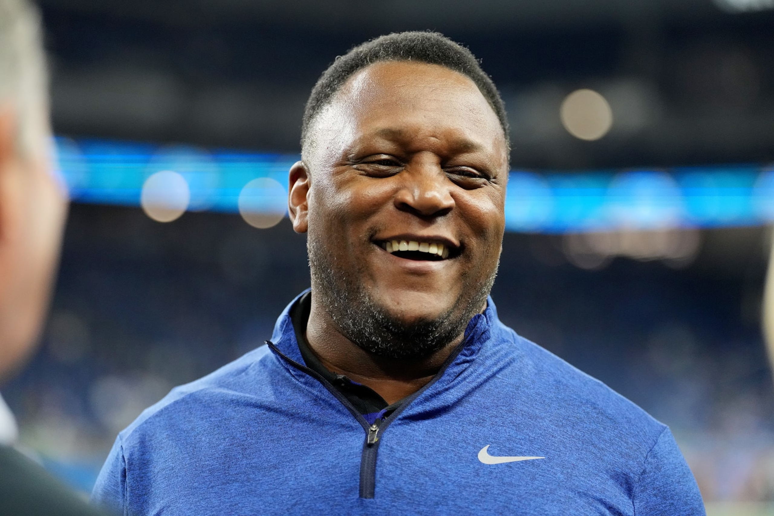DETROIT, MICHIGAN - SEPTEMBER 17: Former Detroit Lions player Barry Sanders walk on the field before the game between Detroit Lions and Seattle Seahawks at Ford Field on September 17, 2023 in Detroit, Michigan. (Photo by Nic Antaya/Getty Images)