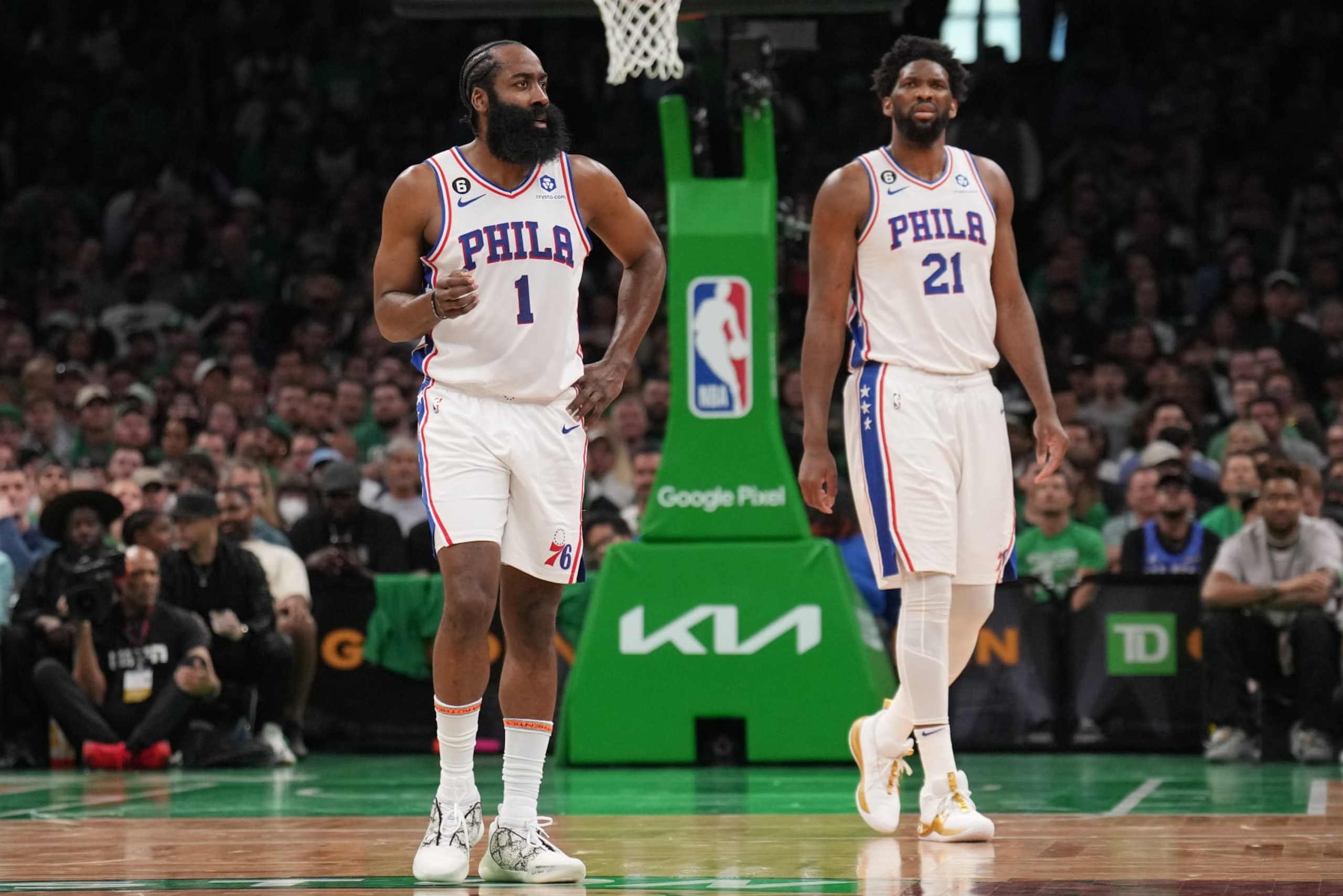 BOSTON, MA - MAY 14: James Harden #1 of the Philadelphia 76ers looks on during the game on May 14, 2023 at the TD Garden in Boston, Massachusetts. NOTE TO USER: User expressly acknowledges and agrees that, by downloading and or using this photograph, User is consenting to the terms and conditions of the Getty Images License Agreement. Mandatory Copyright Notice: Copyright 2023 NBAE  (Photo by Jesse D. Garrabrant/NBAE via Getty Images)
