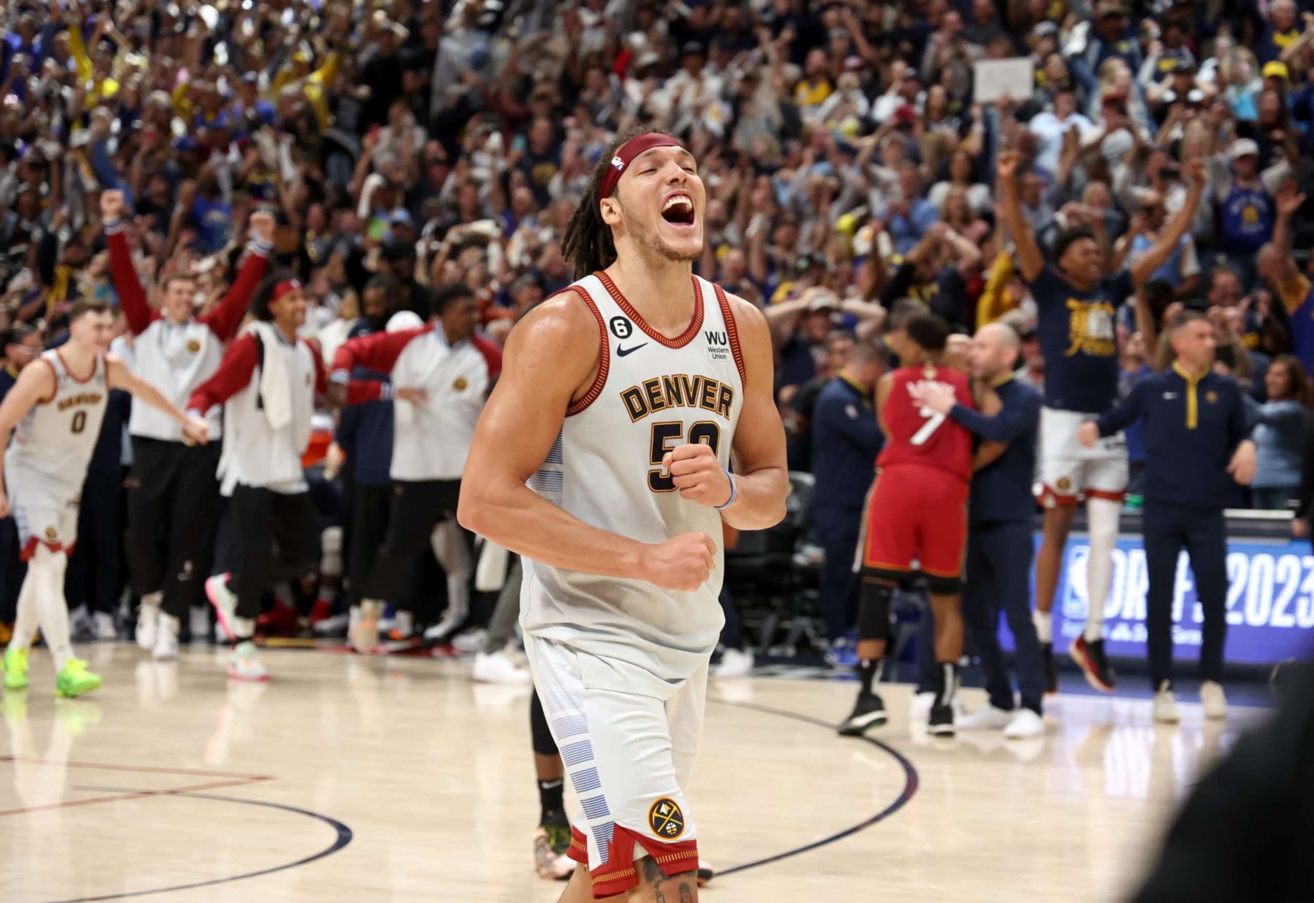 DENVER, CO - JUNE 12:  Aaron Gordon #50 of the Denver Nuggets celebrates at the end of Game Five of the 2023 NBA Finals against the Miami Heat on June 12, 2023 at Ball Arena in Denver, Colorado. NOTE TO USER: User expressly acknowledges and agrees that, by downloading and or using this Photograph, user is consenting to the terms and conditions of the Getty Images License Agreement. Mandatory Copyright Notice: Copyright 2023 NBAE (Photo by Joe Murphy/NBAE via Getty Images)
