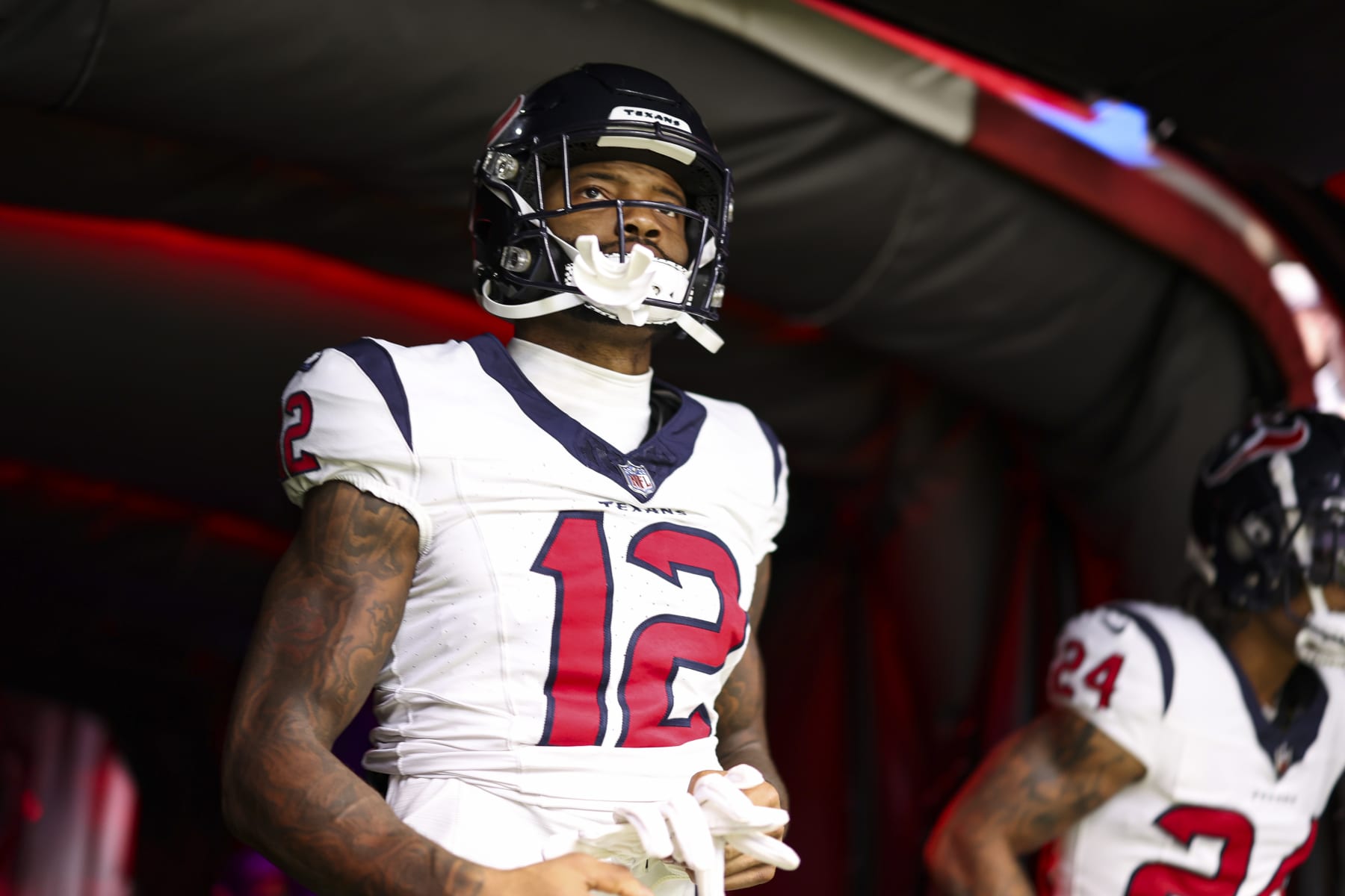 HOUSTON, TX - SEPTEMBER 17: Nico Collins #12 of the Houston Texans walks out prior to a football game against the Indianapolis Colts at NRG Stadium on September 17, 2023 in Houston, Texas. (Photo by Perry Knotts/Getty Images)