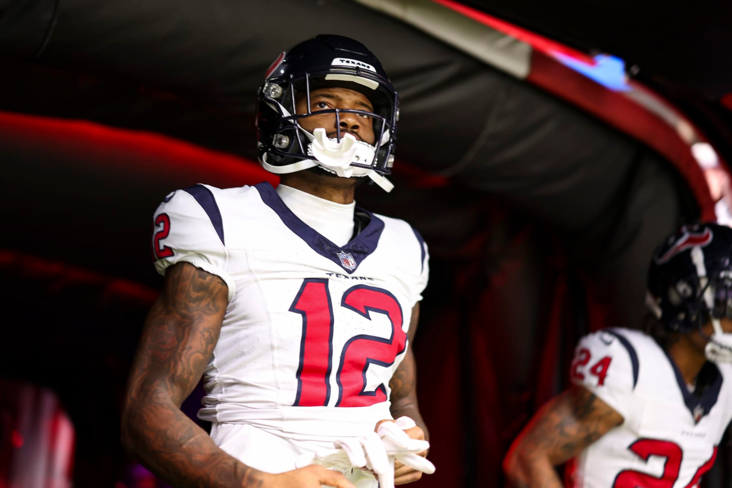 HOUSTON, TX - SEPTEMBER 17: Nico Collins #12 of the Houston Texans walks out prior to a football game against the Indianapolis Colts at NRG Stadium on September 17, 2023 in Houston, Texas. (Photo by Perry Knotts/Getty Images)
