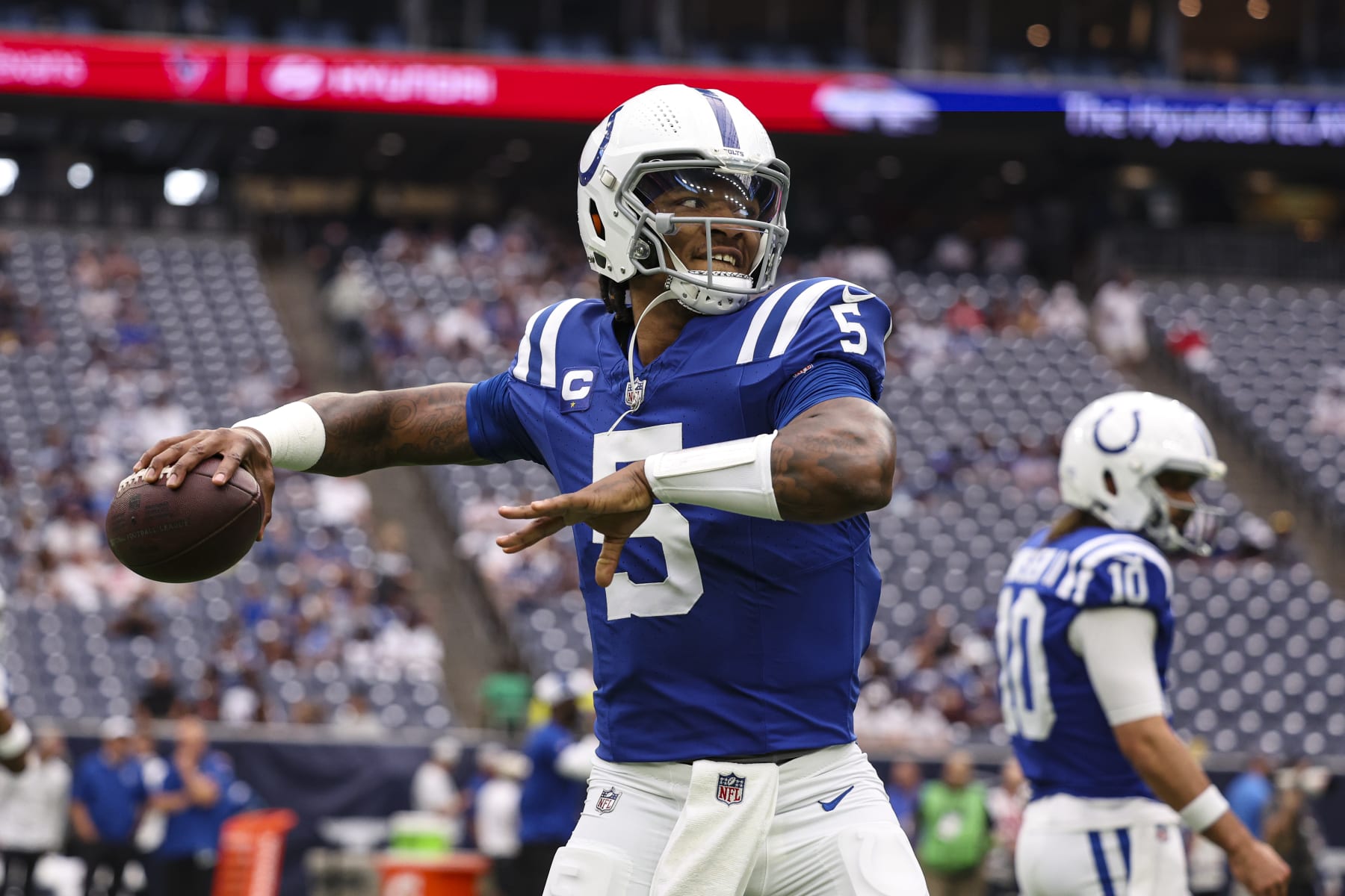 HOUSTON, TX - SEPTEMBER 17: Anthony Richardson #5 of the Indianapolis Colts warms up prior to a game against the Houston Texans at NRG Stadium on September 17, 2023 in Houston, Texas. (Photo by Perry Knotts/Getty Images)