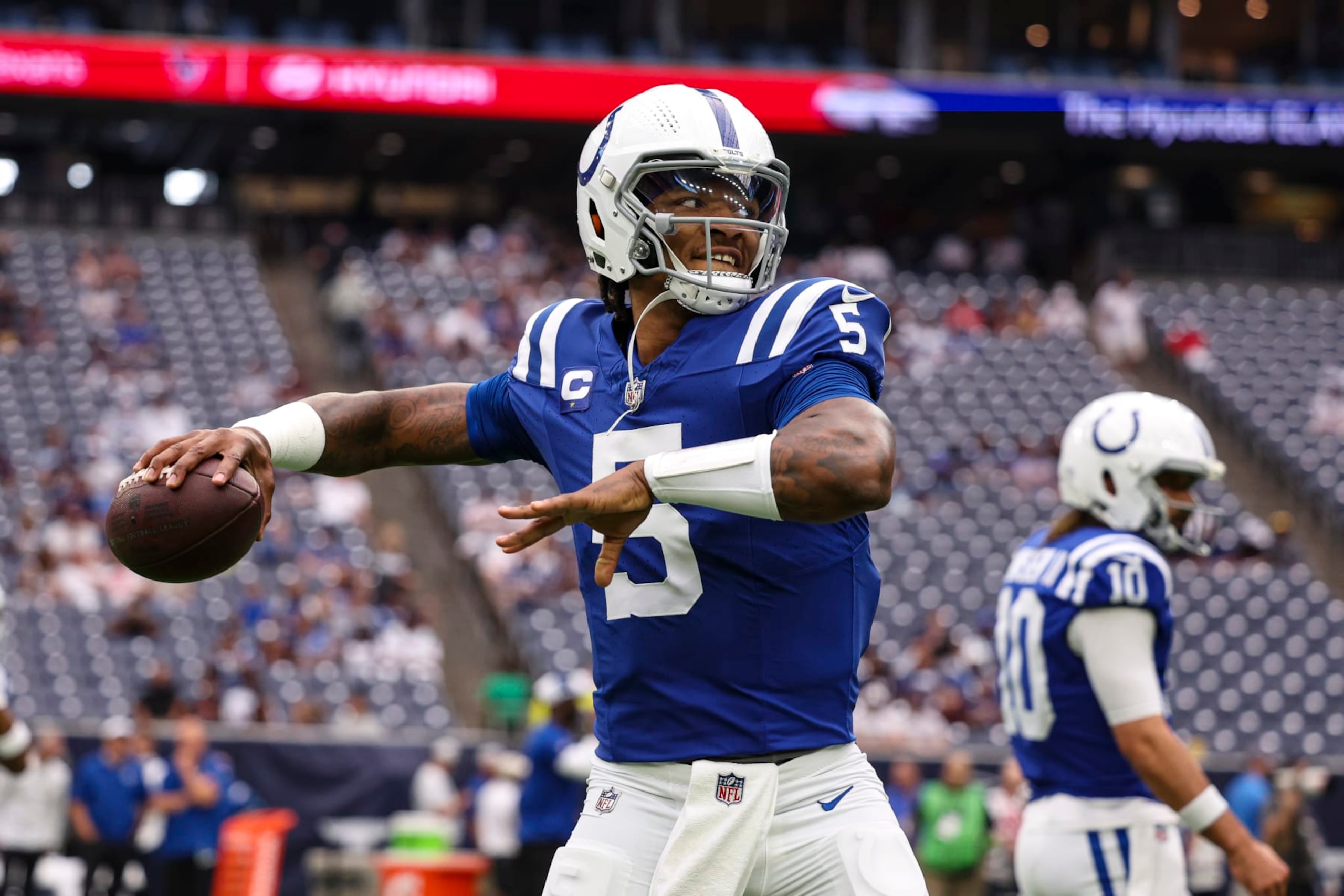 HOUSTON, TX - SEPTEMBER 17: Anthony Richardson #5 of the Indianapolis Colts warms up prior to a game against the Houston Texans at NRG Stadium on September 17, 2023 in Houston, Texas. (Photo by Perry Knotts/Getty Images)