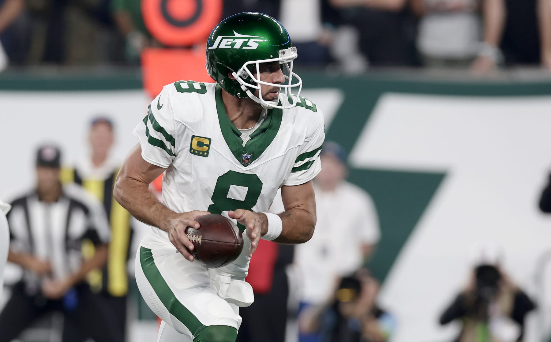 EAST RUTHERFORD, NEW JERSEY - SEPTEMBER 11: (NEW YORK DAILIES OUT)  Aaron Rodgers #8 of the New York Jets in action against the Buffalo Bills at MetLife Stadium on September 11, 2023 in East Rutherford, New Jersey. The Jets defeated the Bills 22-16 in overtime. (Photo by Jim McIsaac/Getty Images)