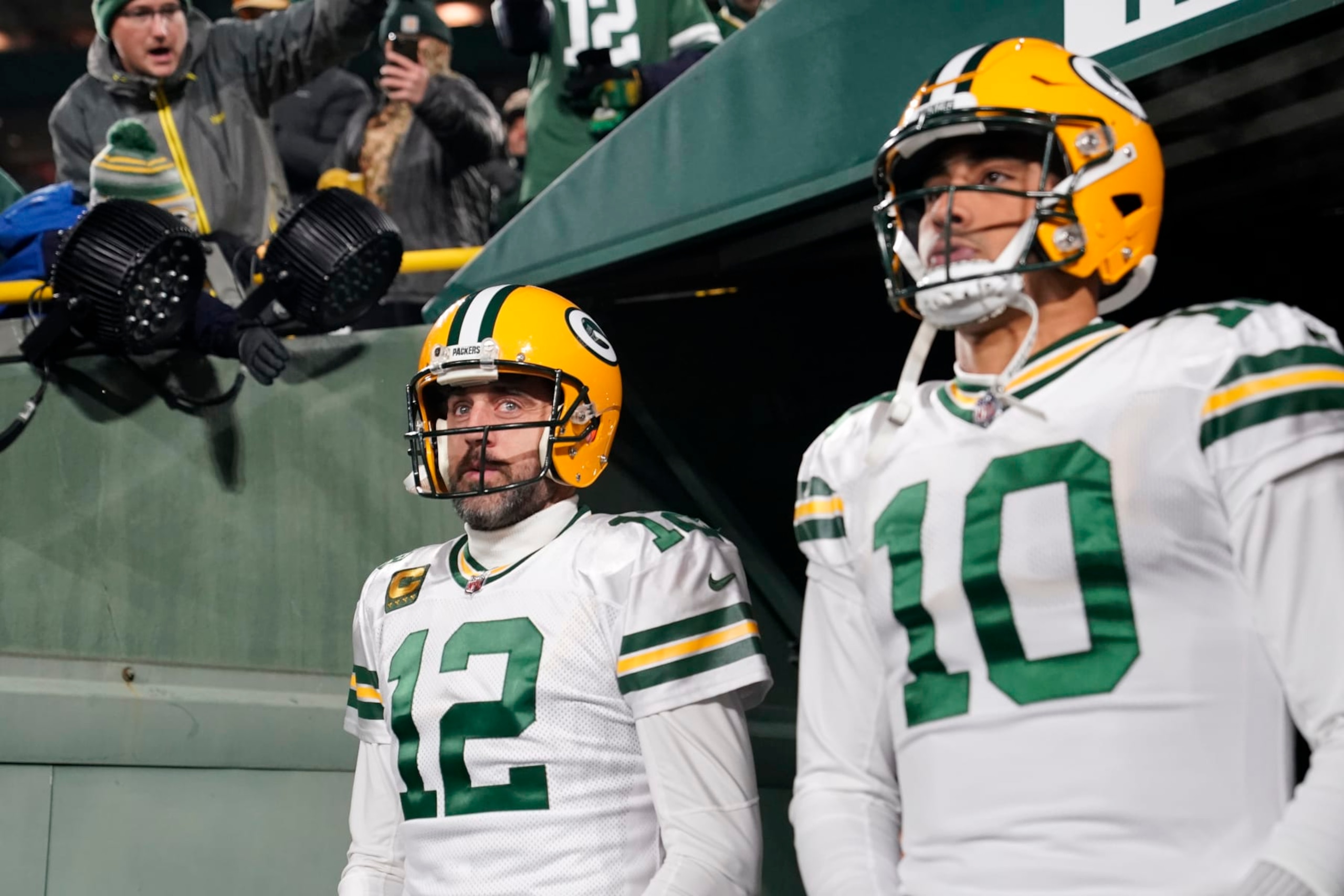 GREEN BAY, WISCONSIN - NOVEMBER 17: Aaron Rodgers #12 and Jordan Love #10 of the Green Bay Packers walk onto the field prior to the game against the Tennessee Titans at Lambeau Field on November 17, 2022 in Green Bay, Wisconsin. (Photo by Patrick McDermott/Getty Images) GREEN BAY, WISCONSIN - NOVEMBER 17: Aaron Rodgers #12 and Jordan Love #10 of the Green Bay Packers walk onto the field prior to the game against the Tennessee Titans at Lambeau Field on November 17, 2022 in Green Bay, Wisconsin. (Photo by Patrick McDermott/Getty Images)