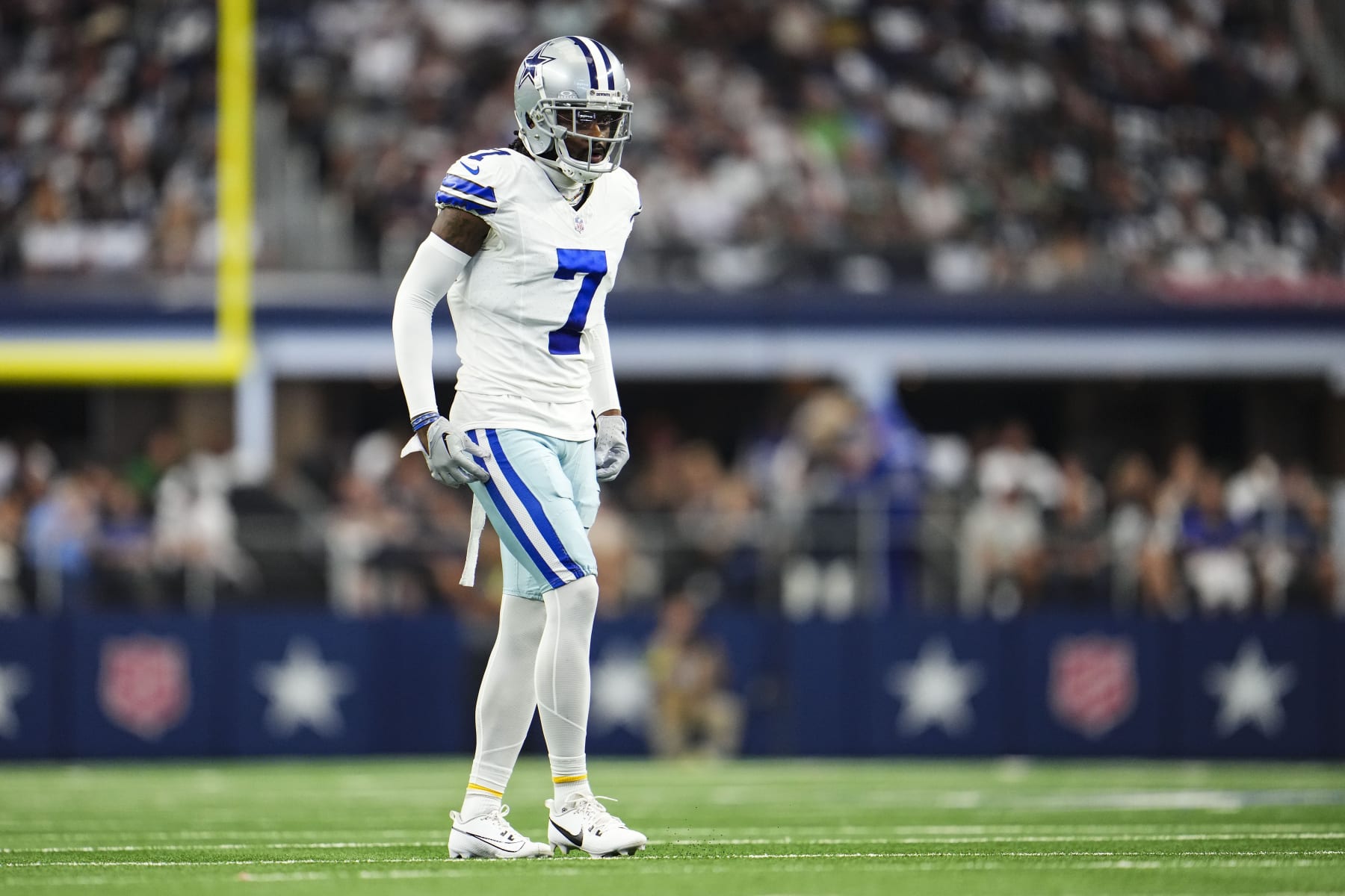 ARLINGTON, TX - SEPTEMBER 17: Trevon Diggs #7 of the Dallas Cowboys looks on from the field during a football game at AT&T Stadium on September 17, 2023 in Arlington, Texas. (Photo by Cooper Neill/Getty Images)