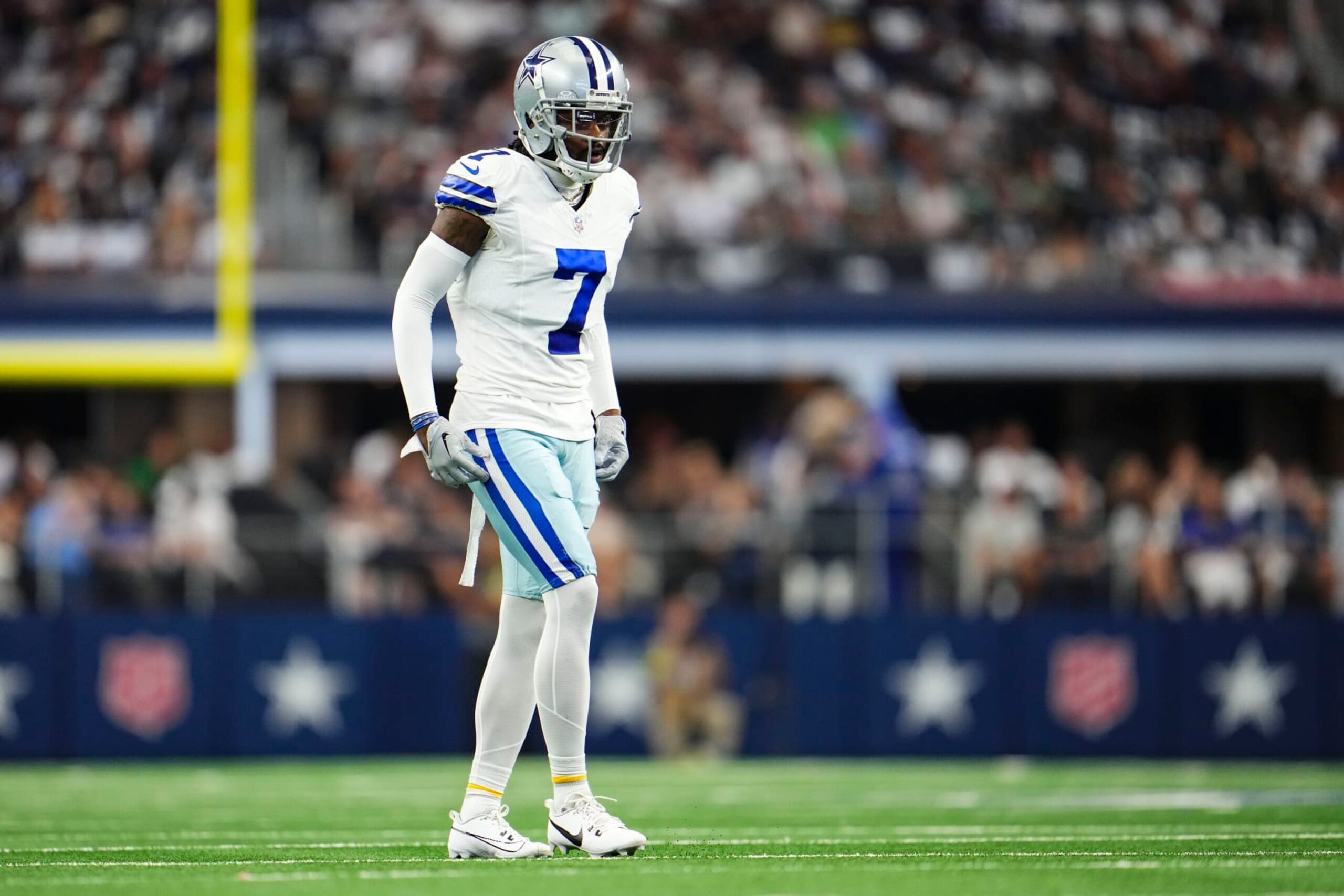 ARLINGTON, TX - SEPTEMBER 17: Trevon Diggs #7 of the Dallas Cowboys looks on from the field during a football game at AT&T Stadium on September 17, 2023 in Arlington, Texas. (Photo by Cooper Neill/Getty Images)