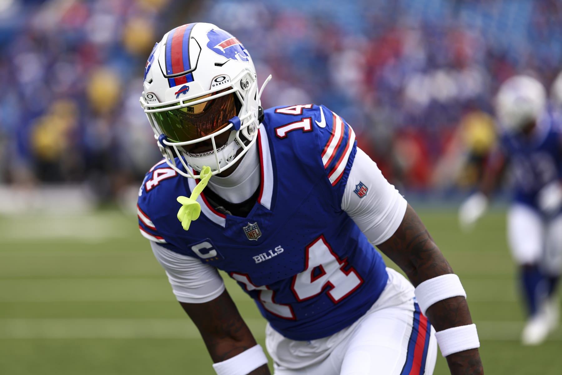 ORCHARD PARK, NY - SEPTEMBER 17: Stefon Diggs #14 of the Buffalo Bills warms up prior to an NFL football game against the Las Vegas Raiders at Highmark Stadium on September 17, 2023 in Orchard Park, New York. (Photo by Kevin Sabitus/Getty Images)