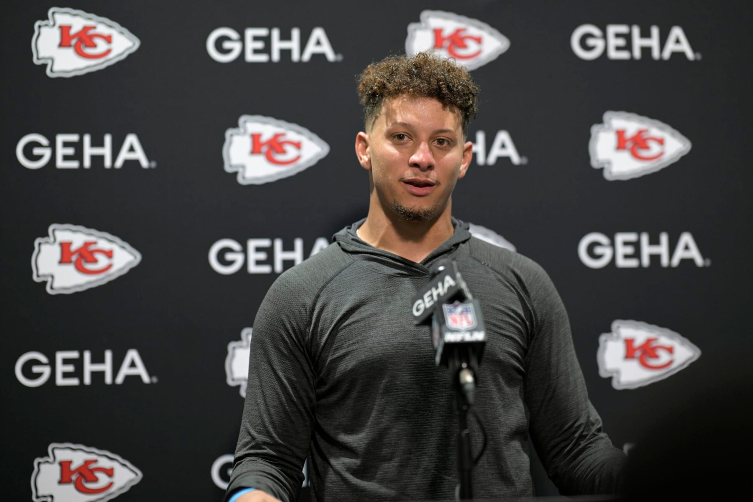 Kansas City Chiefs quarterback Patrick Mahomes speaks with reporters after an NFL football game against the Jacksonville Jaguars, Sunday, Sept. 17, 2023, in Jacksonville, Fla. (AP Photo/Phelan M. Ebenhack)