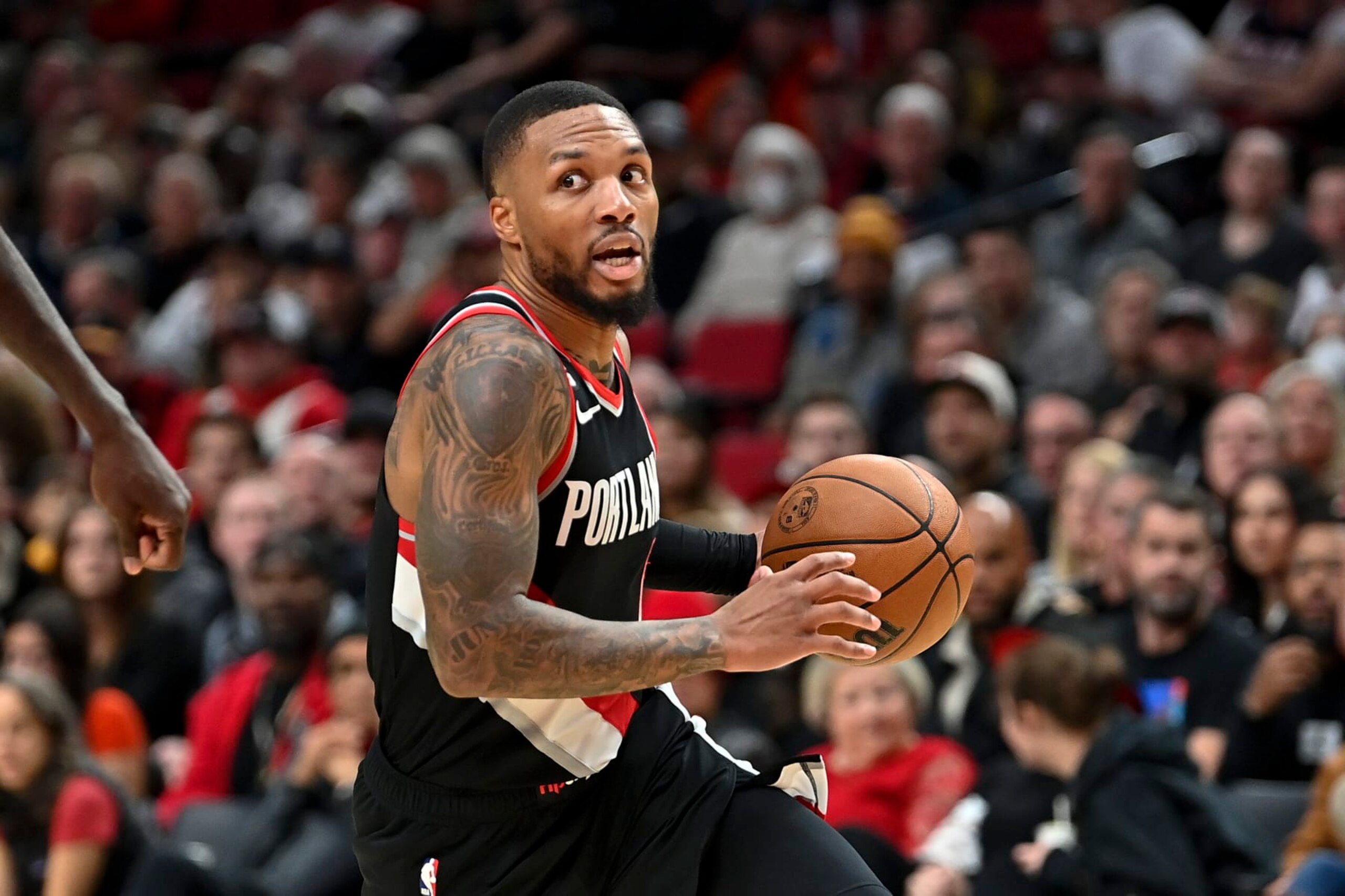 PORTLAND, OREGON - OCTOBER 26: Damian Lillard #0 of the Portland Trail Blazers in action during the second quarter against the Miami Heat at Moda Center on October 26, 2022 in Portland, Oregon. NOTE TO USER: User expressly acknowledges and agrees that, by downloading and or using this photograph, User is consenting to the terms and conditions of the Getty Images License Agreement. (Photo by Alika Jenner/Getty Images)
