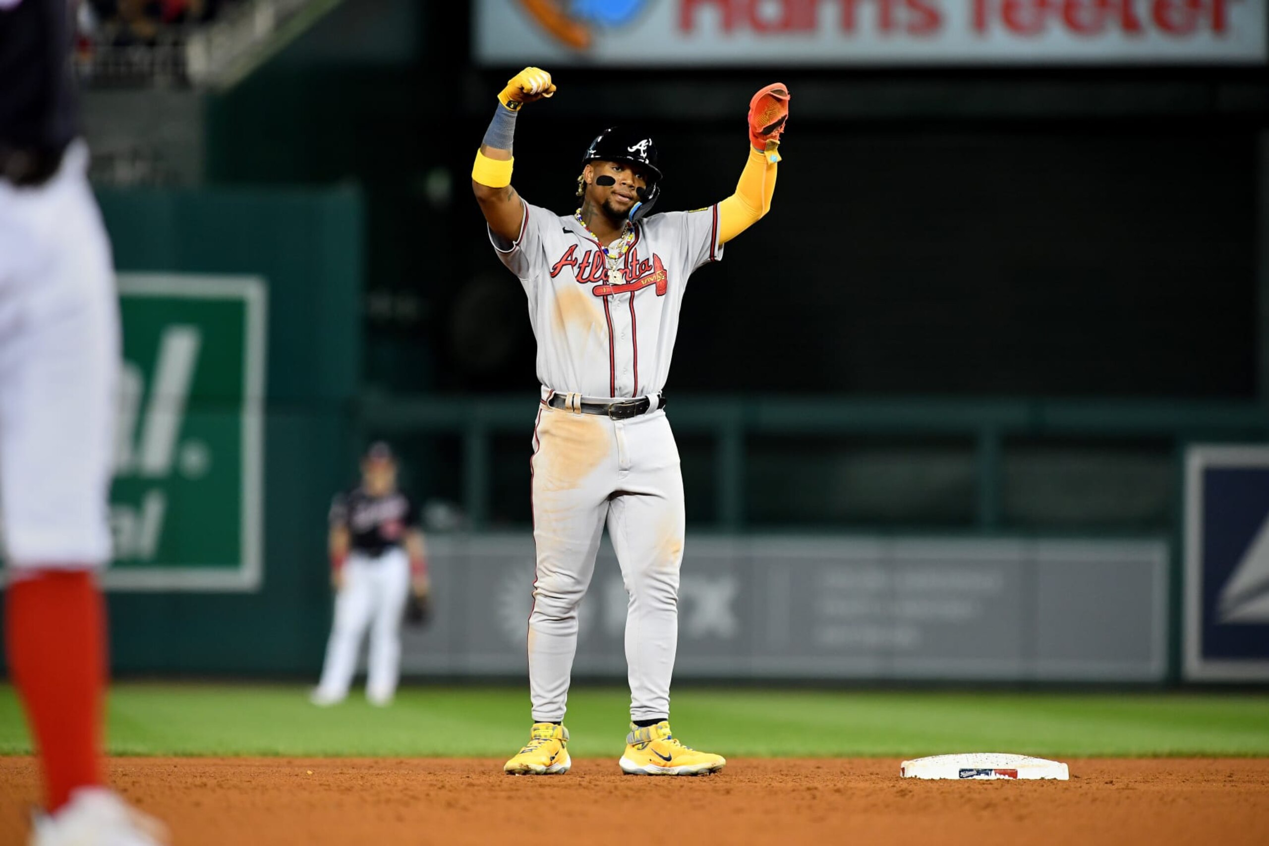 WASHINGTON, DC - SEPTEMBER 21: Atlanta Braves right fielder Ronald Acuna, Jr. (13) celebrates after stealing his 68th stolen base of the season during the Atlanta Braves versus Washington Nationals MLB game at Nationals Park on September 21, 2023 in Washington, D.C.. (Photo by Randy Litzinger/Icon Sportswire via Getty Images) WASHINGTON, DC - SEPTEMBER 21: Atlanta Braves right fielder Ronald Acuna, Jr. (13) celebrates after stealing his 68th stolen base of the season during the Atlanta Braves versus Washington Nationals MLB game at Nationals Park on September 21, 2023 in Washington, D.C.. (Photo by Randy Litzinger/Icon Sportswire via Getty Images)