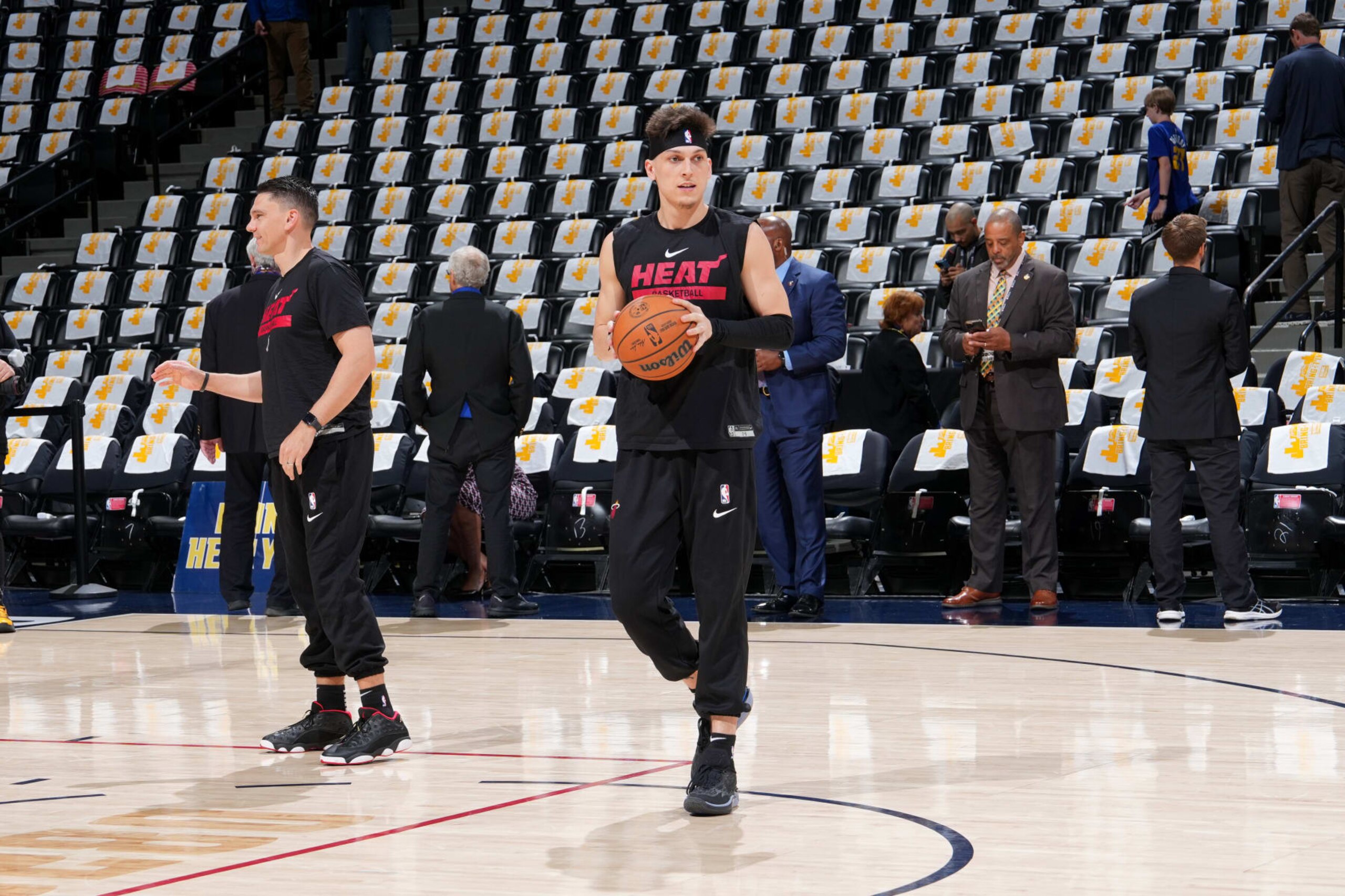 DENVER, CO - JUNE 12: Tyler Herro #14 of the Miami Heat warms up before Game Five of the 2023 NBA Finals against the Denver Nuggets on June 12, 2023 at Ball Arena in Denver, Colorado. NOTE TO USER: User expressly acknowledges and agrees that, by downloading and or using this Photograph, user is consenting to the terms and conditions of the Getty Images License Agreement. Mandatory Copyright Notice: Copyright 2023 NBAE (Photo by Jesse D. Garrabrant/NBAE via Getty Images) DENVER, CO - JUNE 12: Tyler Herro #14 of the Miami Heat warms up before Game Five of the 2023 NBA Finals against the Denver Nuggets on June 12, 2023 at Ball Arena in Denver, Colorado. NOTE TO USER: User expressly acknowledges and agrees that, by downloading and or using this Photograph, user is consenting to the terms and conditions of the Getty Images License Agreement. Mandatory Copyright Notice: Copyright 2023 NBAE (Photo by Jesse D. Garrabrant/NBAE via Getty Images)
