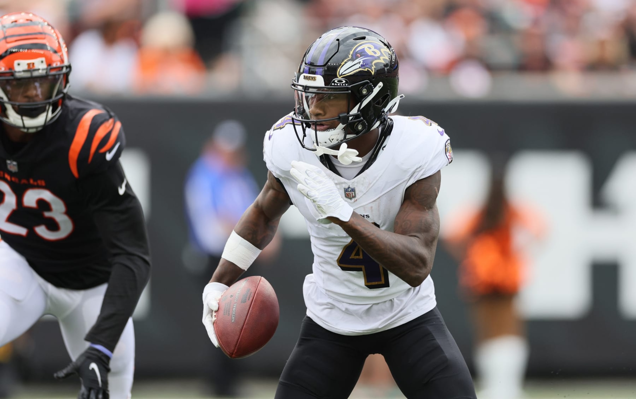 CINCINNATI, OHIO - SEPTEMBER 17: Zay Flowers #4 of the Baltimore Ravens against the Cincinnati Bengals at Paycor Stadium on September 17, 2023 in Cincinnati, Ohio. (Photo by Andy Lyons/Getty Images)