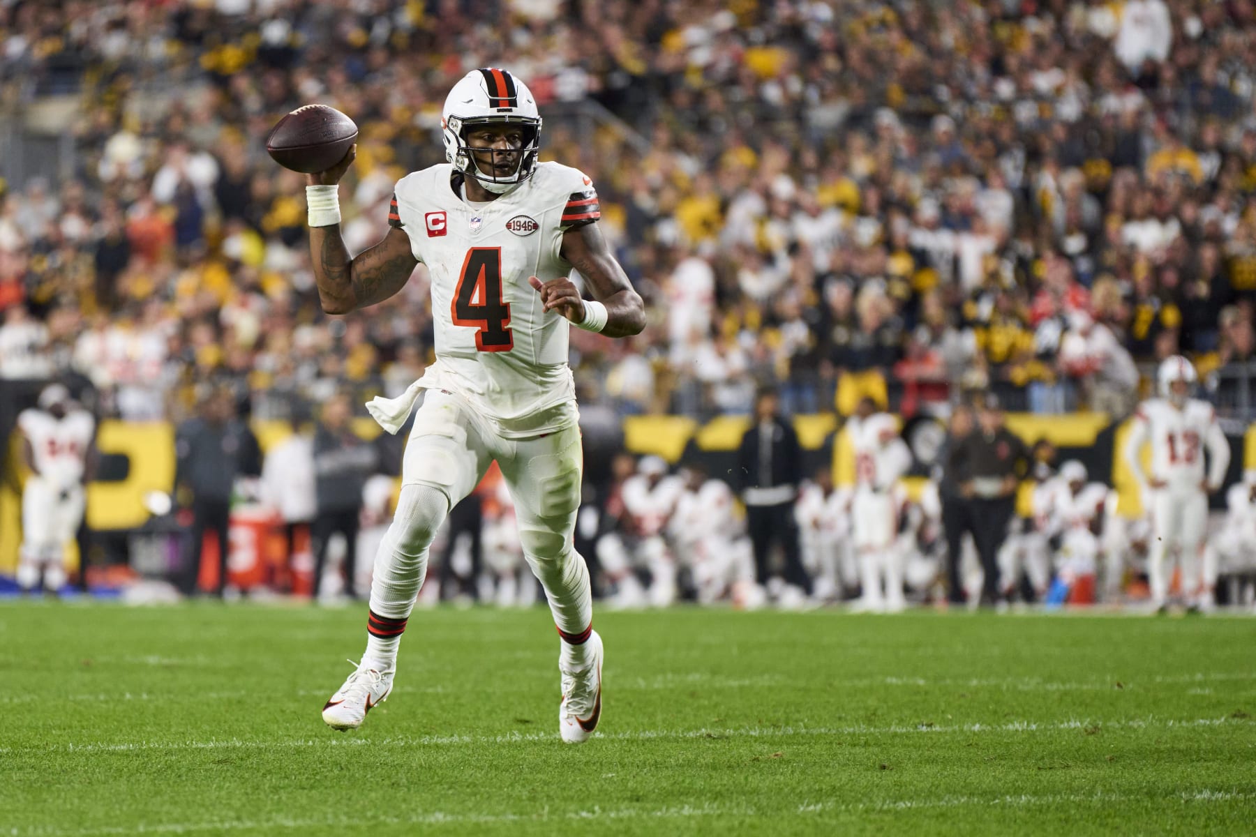 PITTSBURGH, PA - SEPTEMBER 18: Deshaun Watson #4 of the Cleveland Browns scrambles against the Pittsburgh Steelers during the first half at Acrisure Stadium on September 18, 2023 in Pittsburgh, Pennsylvania. (Photo by Cooper Neill/Getty Images)