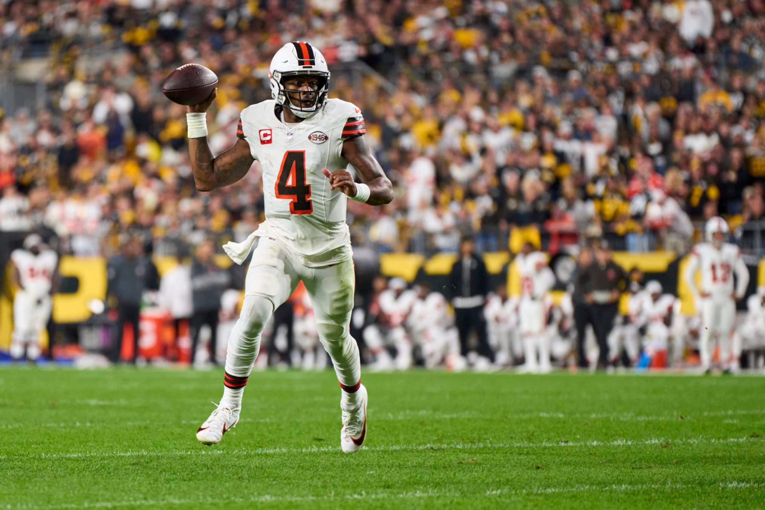 PITTSBURGH, PA - SEPTEMBER 18: Deshaun Watson #4 of the Cleveland Browns scrambles against the Pittsburgh Steelers during the first half at Acrisure Stadium on September 18, 2023 in Pittsburgh, Pennsylvania. (Photo by Cooper Neill/Getty Images)