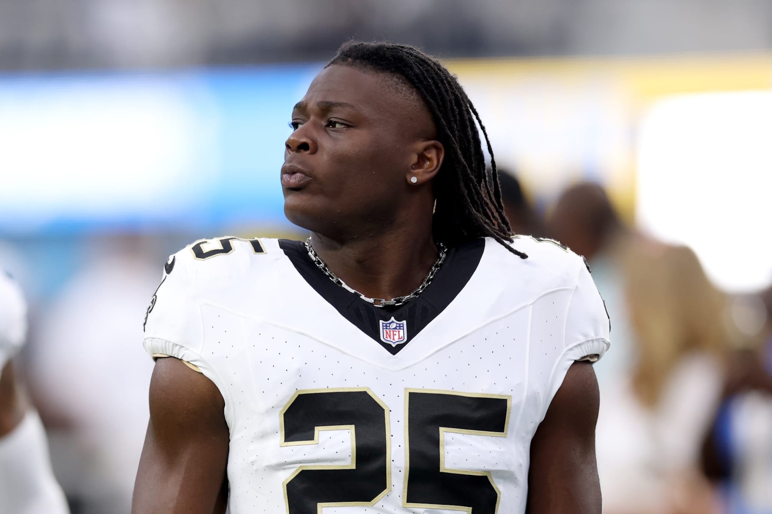 INGLEWOOD, CALIFORNIA - AUGUST 20: Kendre Miller #25 of the New Orleans Saints looks on prior to the preseason game against the Los Angeles Chargers at SoFi Stadium on August 20, 2023 in Inglewood, California. (Photo by Katelyn Mulcahy/Getty Images)