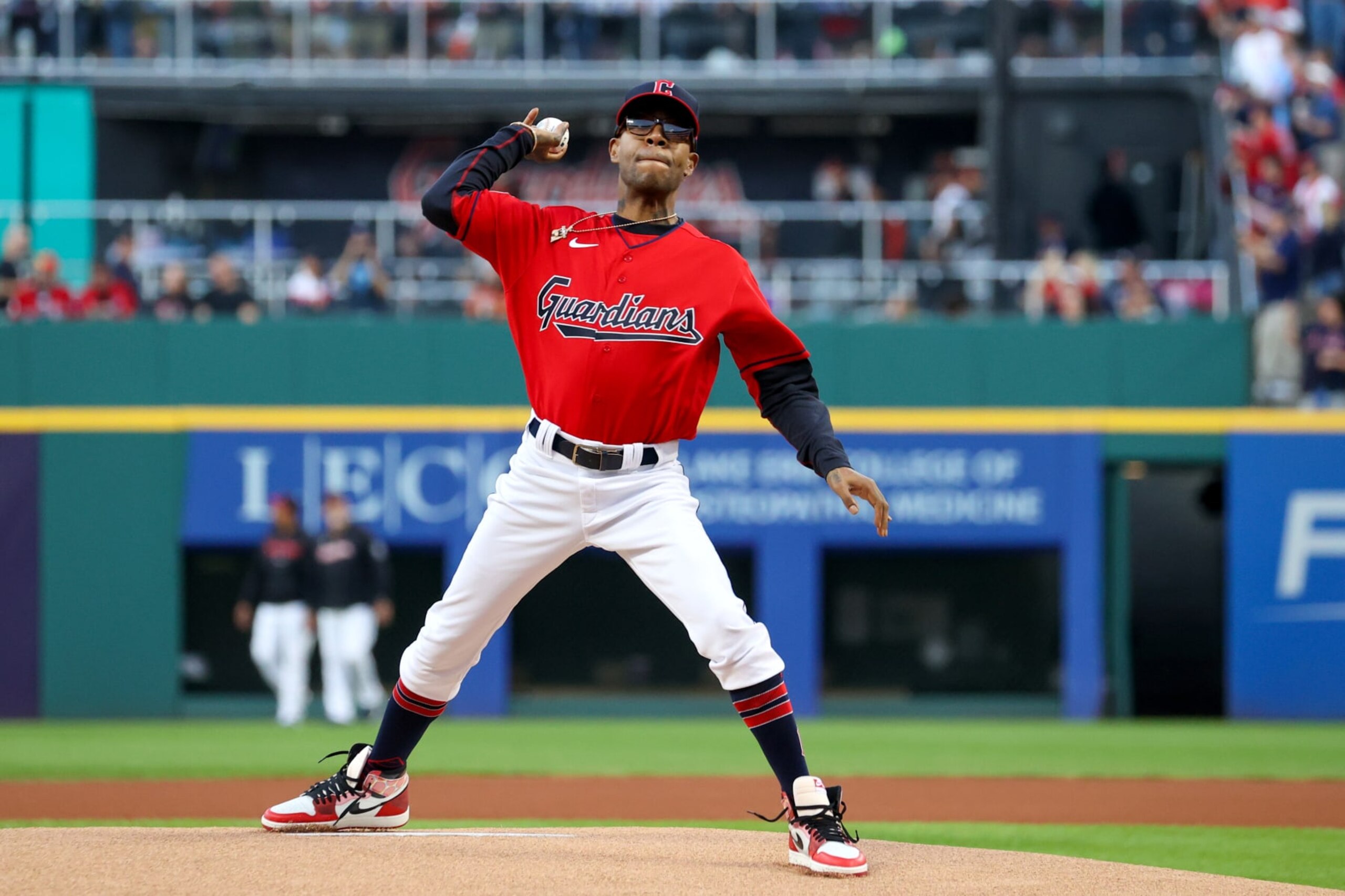 CLEVELAND, OH - SEPTEMBER 22: Kid Cudi, native Cleveland rapper, singer, songwriter, record producer, actor, and fashion designer, throws a ceremonial first pitch prior to the Major League Baseball game between the Baltimore Orioles and Cleveland Guardians on September 22, 2023, at Progressive Field in Cleveland, OH. (Photo by Frank Jansky/Icon Sportswire via Getty Images)