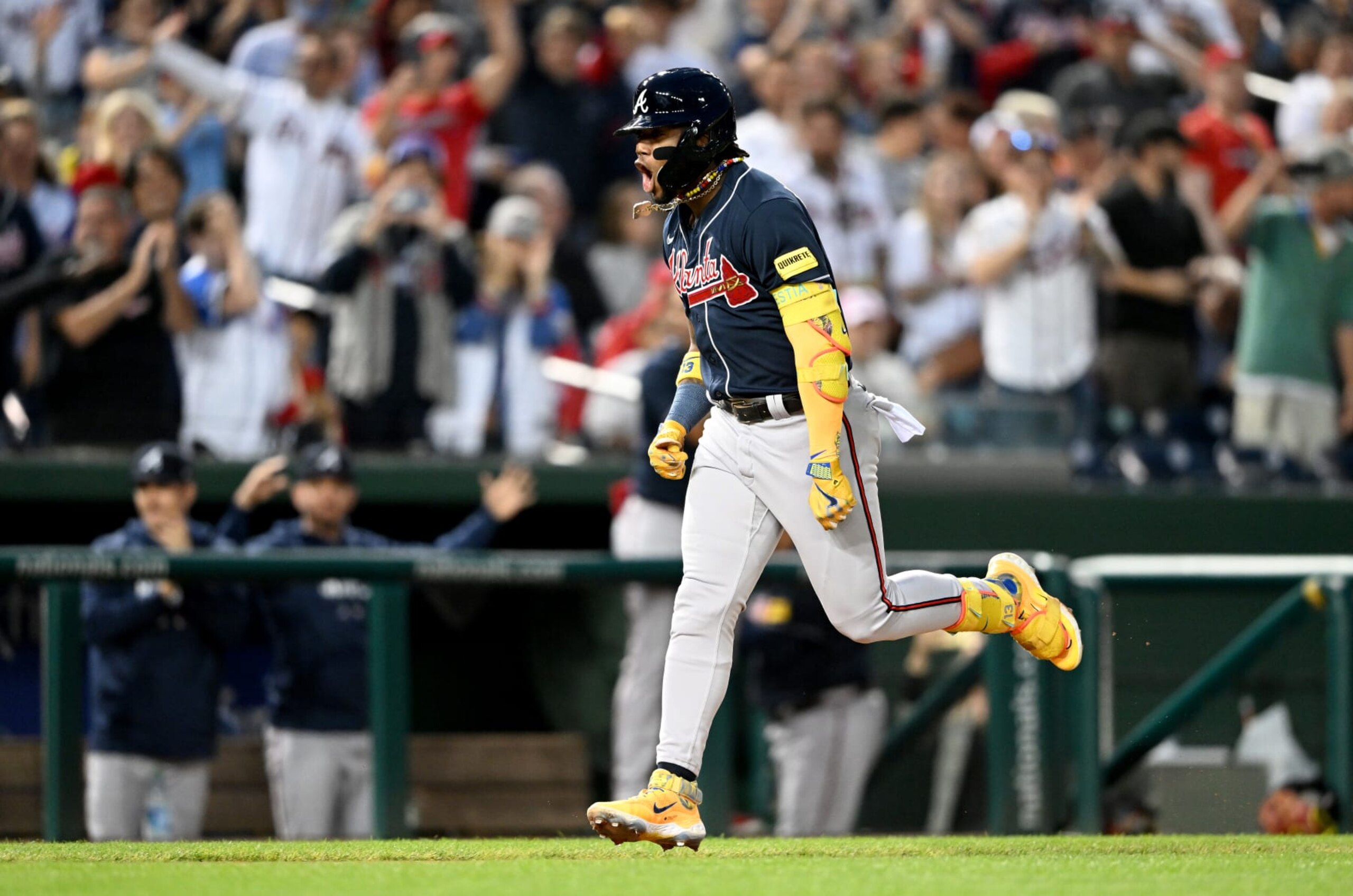 WASHINGTON, DC - SEPTEMBER 22: Ronald Acuna Jr. #13 of the Atlanta Braves celebrates after hitting a home run in the first inning against the Washington Nationals at Nationals Park on September 22, 2023 in Washington, DC. The home run was Acuna's 40th of the season. (Photo by Greg Fiume/Getty Images)