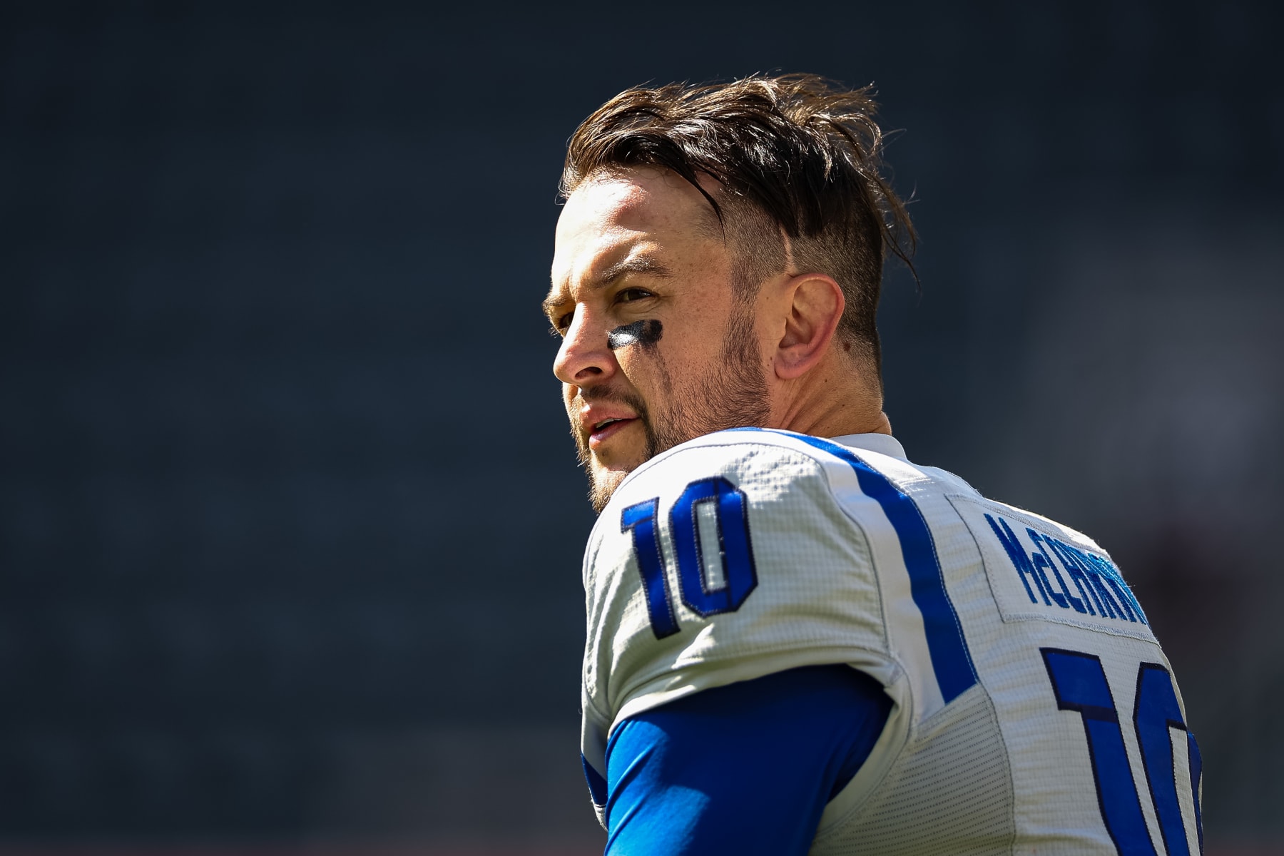 WASHINGTON, DC - MARCH 05: A.J. McCarron #10 of the St Louis Battlehawks looks on before the XFL game against the DC Defenders at Audi Field on March 5, 2023 in Washington, DC. (Photo by Scott Taetsch/Getty Images)